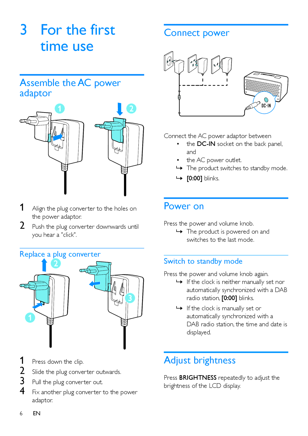 Philips OR2200 For the first time use, Assemble the AC power adaptor, Connect power, Power on, Adjust brightness 