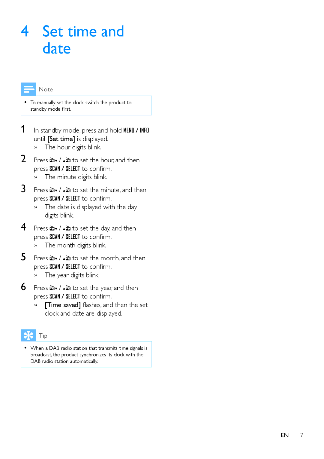 Philips OR2200 user manual Set time and date, Tip 