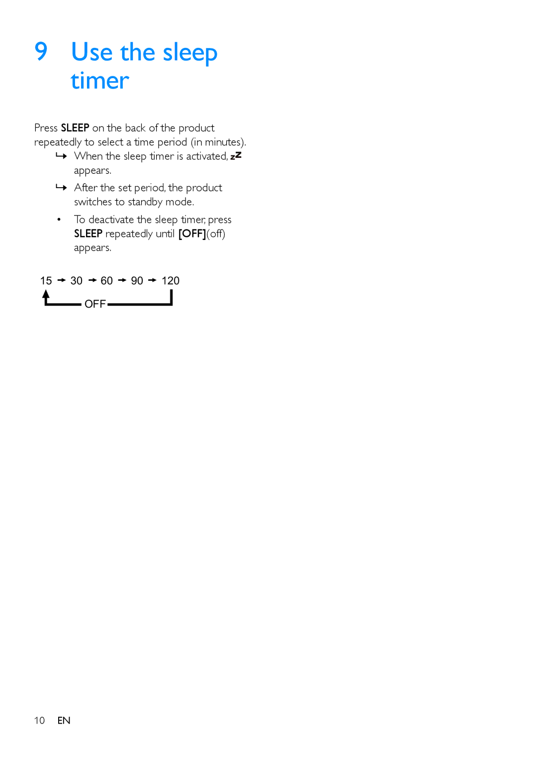 Philips ORD2105 user manual Use the sleep timer, »» When the sleep timer is activated, appears 