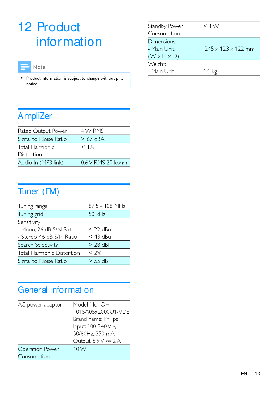 Philips ORD2105 user manual Product information, Amplifier, Tuner FM, General information 