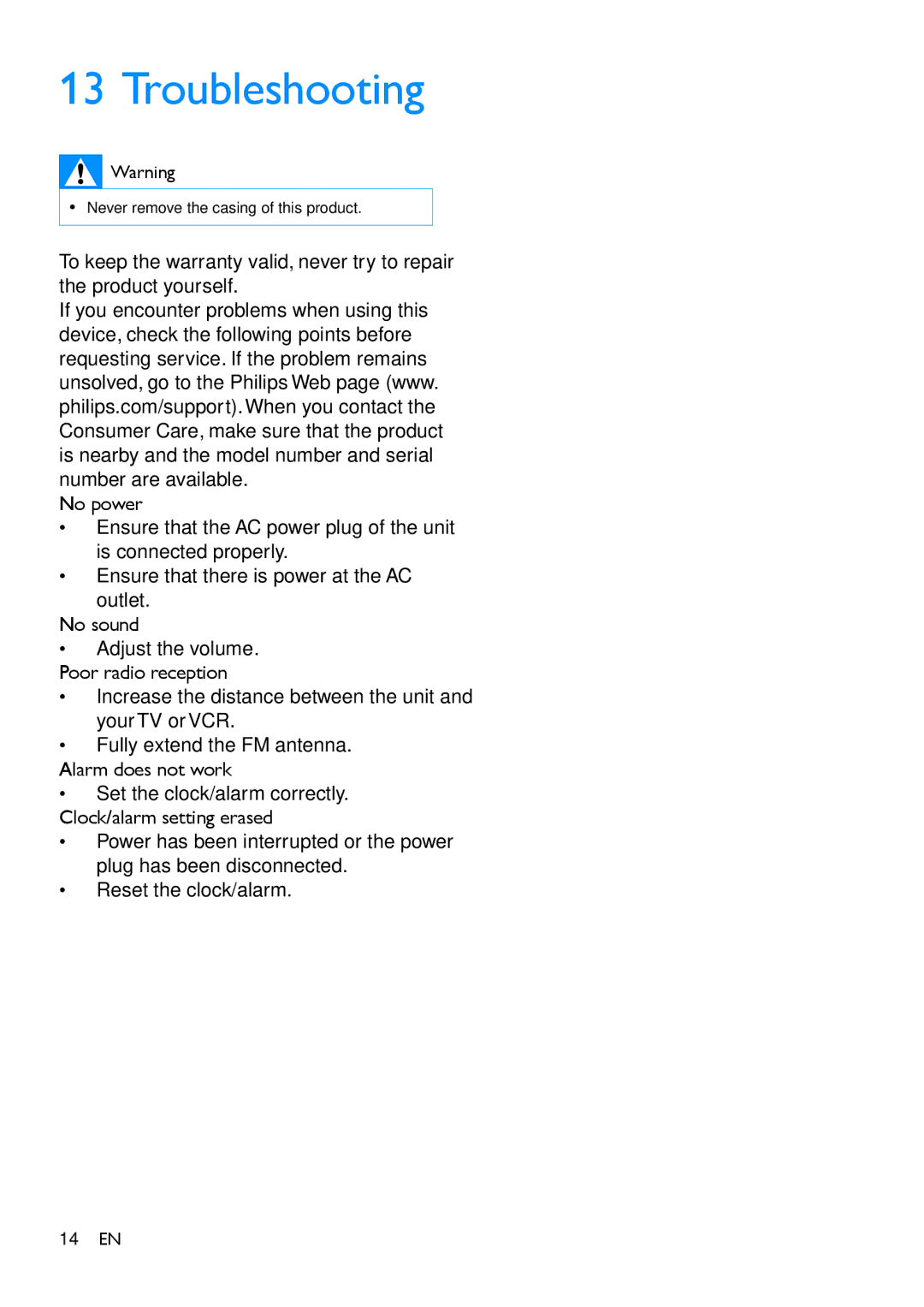 Philips ORD2105 user manual Troubleshooting 