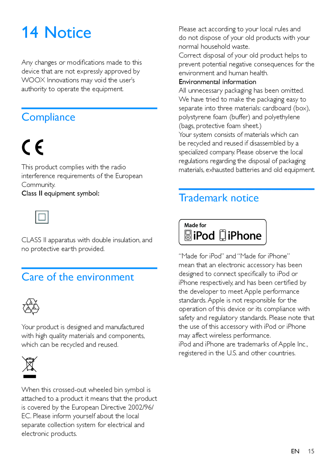 Philips ORD2105 user manual Compliance, Care of the environment, Trademark notice, Environmental information 