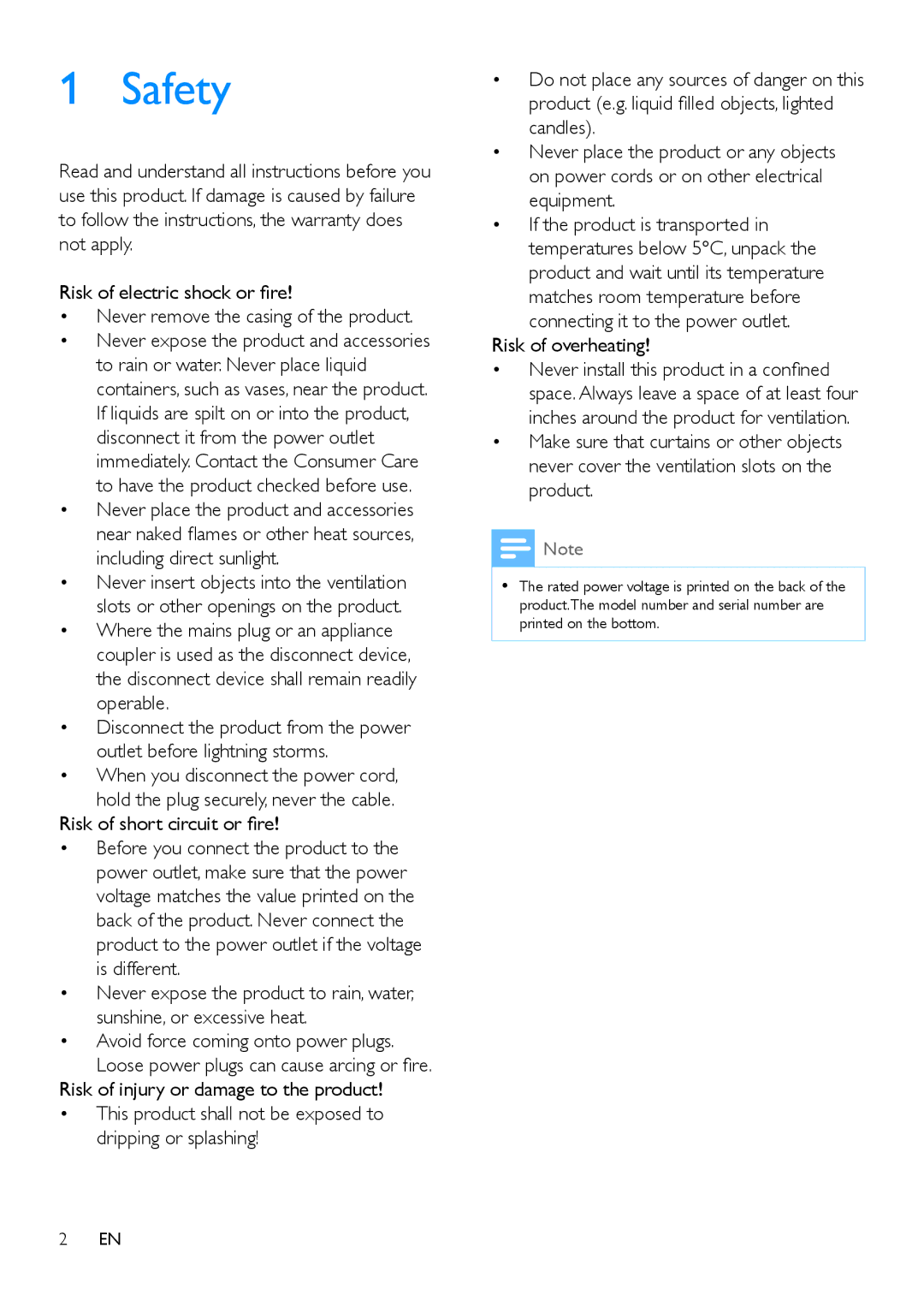 Philips ORD2105 user manual Safety, Risk of overheating 