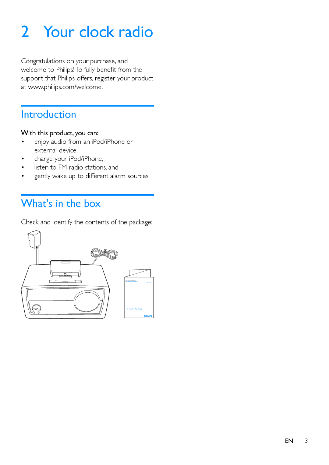 Philips ORD2105 Your clock radio, Introduction, Whats in the box, Check and identify the contents of the package 