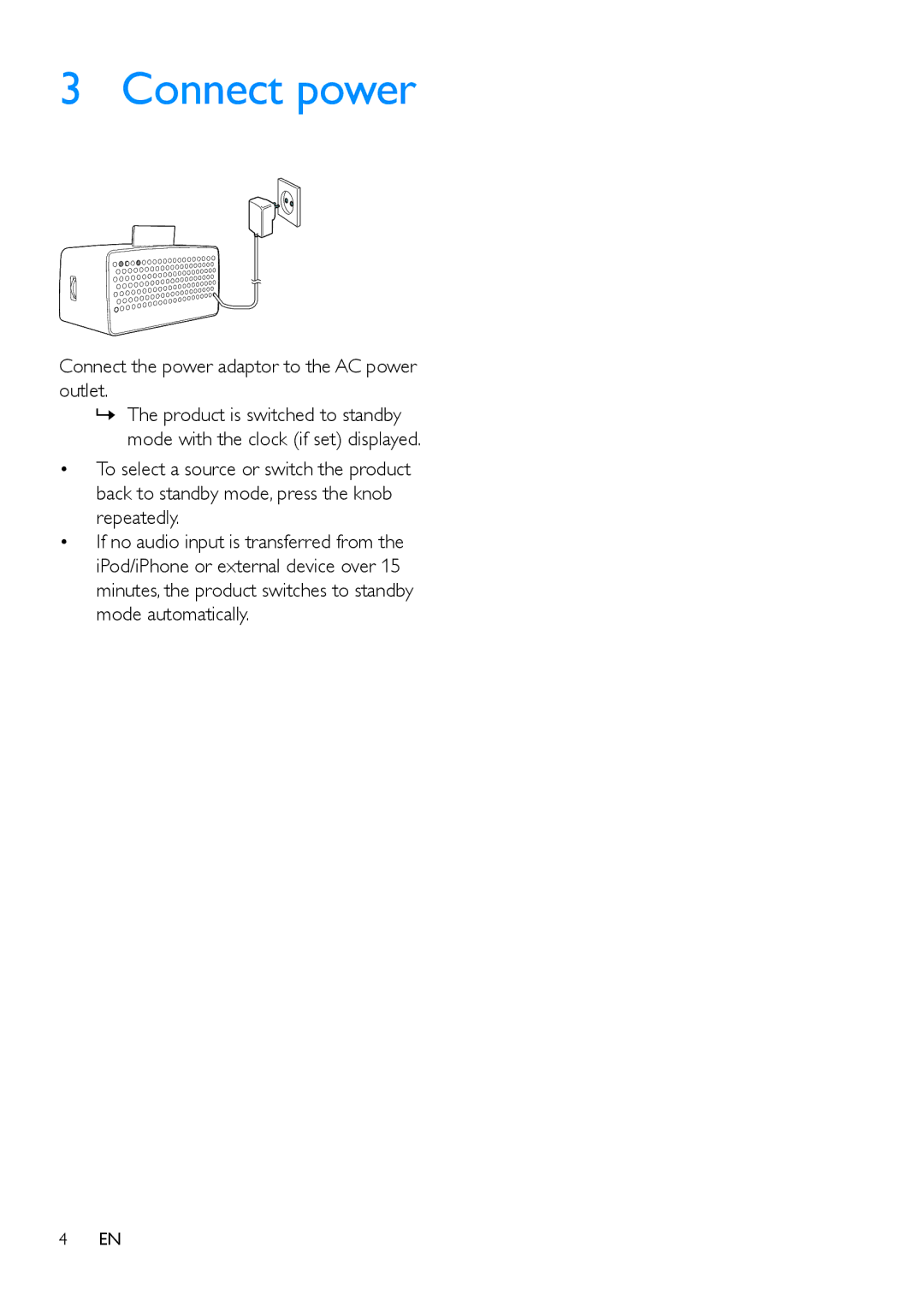 Philips ORD2105 user manual Connect power, Connect the power adaptor to the AC power outlet 