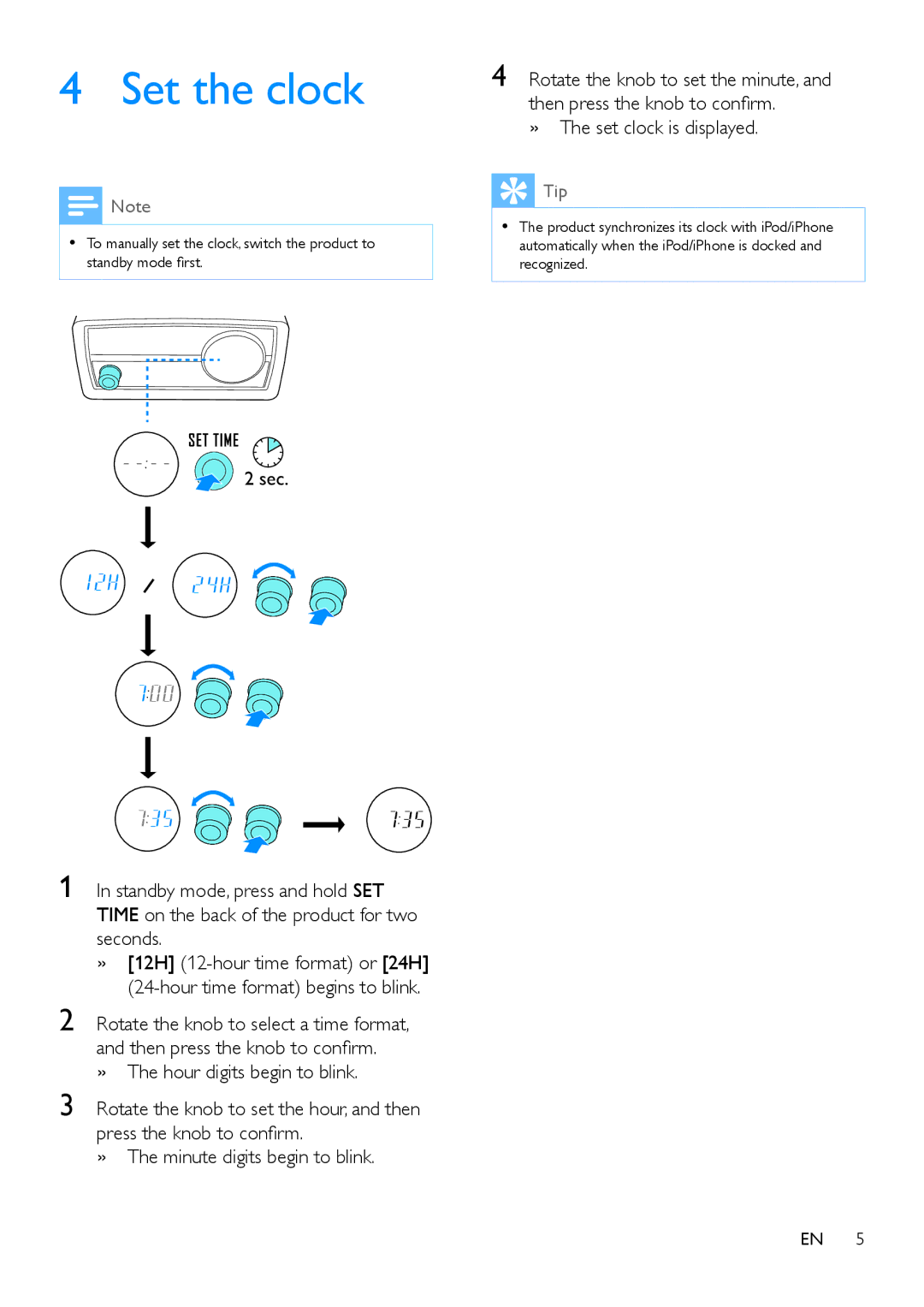 Philips ORD2105 user manual Set the clock, »» The set clock is displayed 