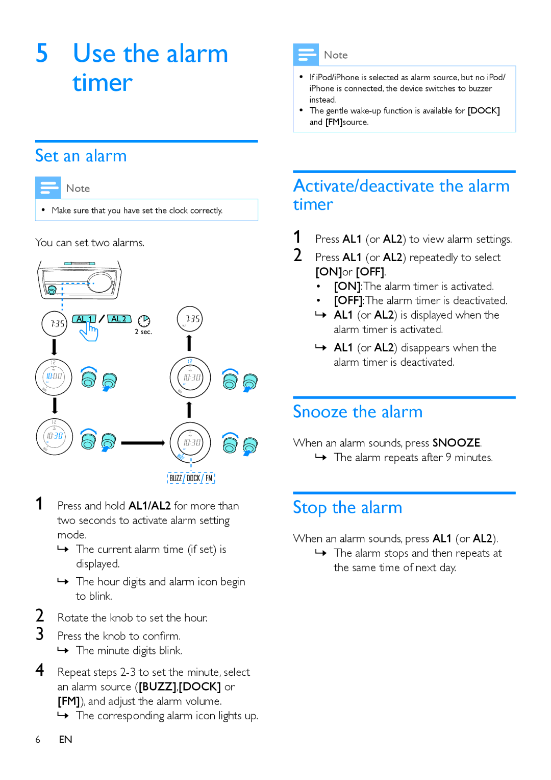 Philips ORD2105 Use the alarm timer, Set an alarm, Activate/deactivate the alarm timer, Snooze the alarm, Stop the alarm 