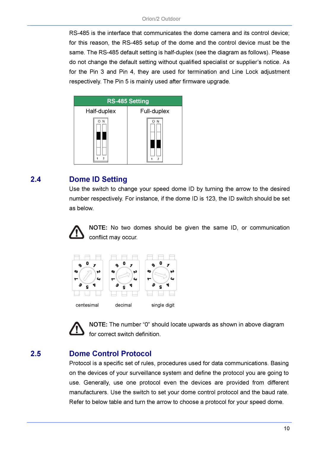 Philips Orion/2 manual Dome ID Setting, Dome Control Protocol 