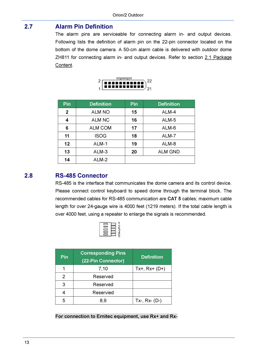 Philips Orion/2 manual Alarm Pin Definition, RS-485 Connector, For connection to Ernitec equipment, use Rx+ and Rx 