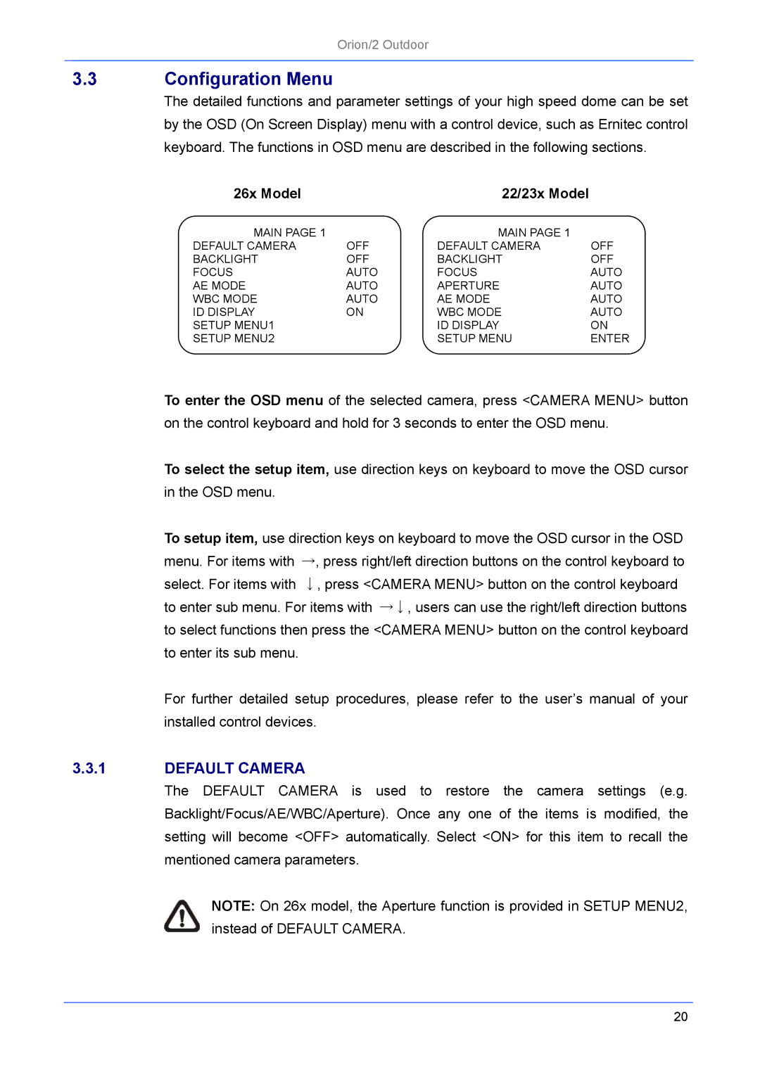 Philips Orion/2 manual Configuration Menu, Default Camera, 26x Model 22/23x Model 