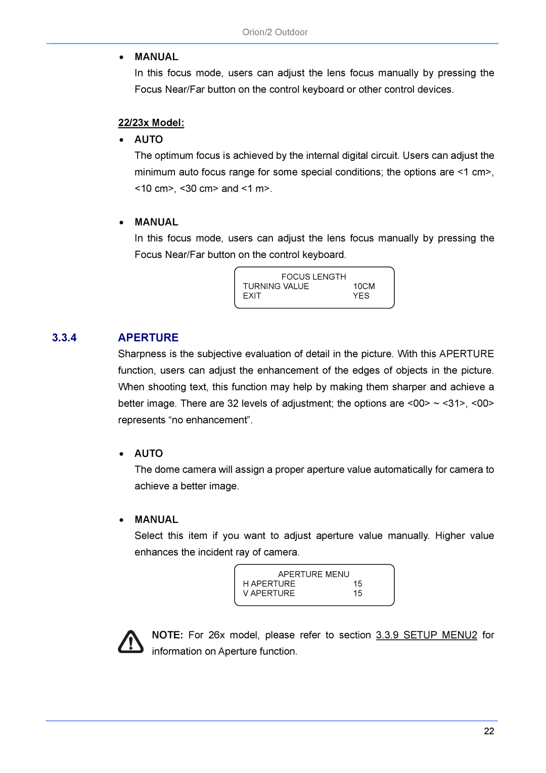 Philips Orion/2 manual Aperture, Manual 