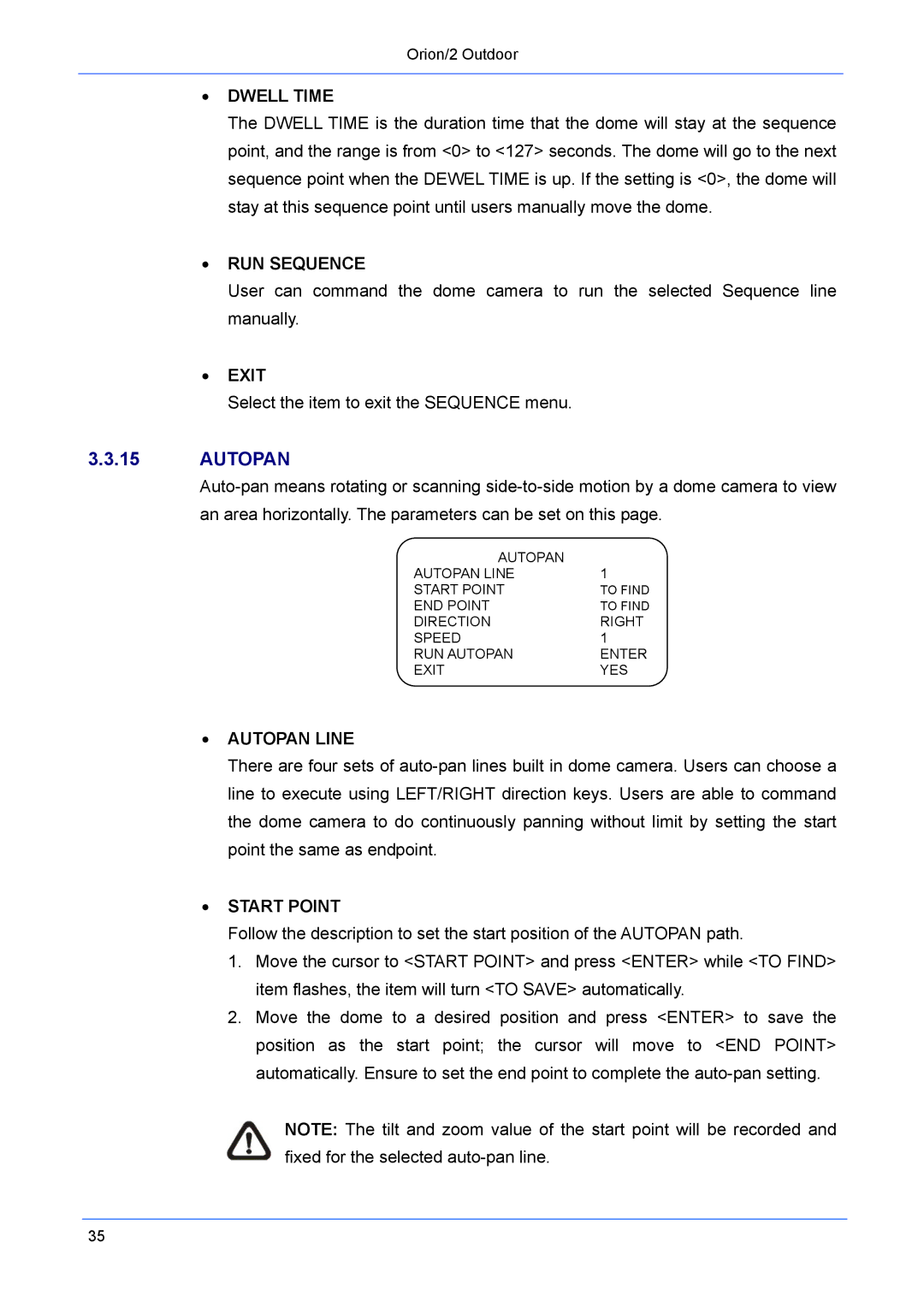 Philips Orion/2 manual Dwell Time RUN Sequence, Autopan Line, Start Point 