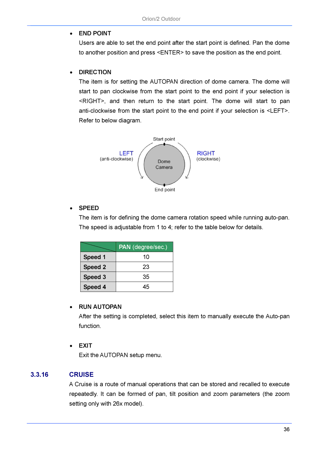 Philips Orion/2 manual Cruise, END Point, Direction, RUN Autopan 