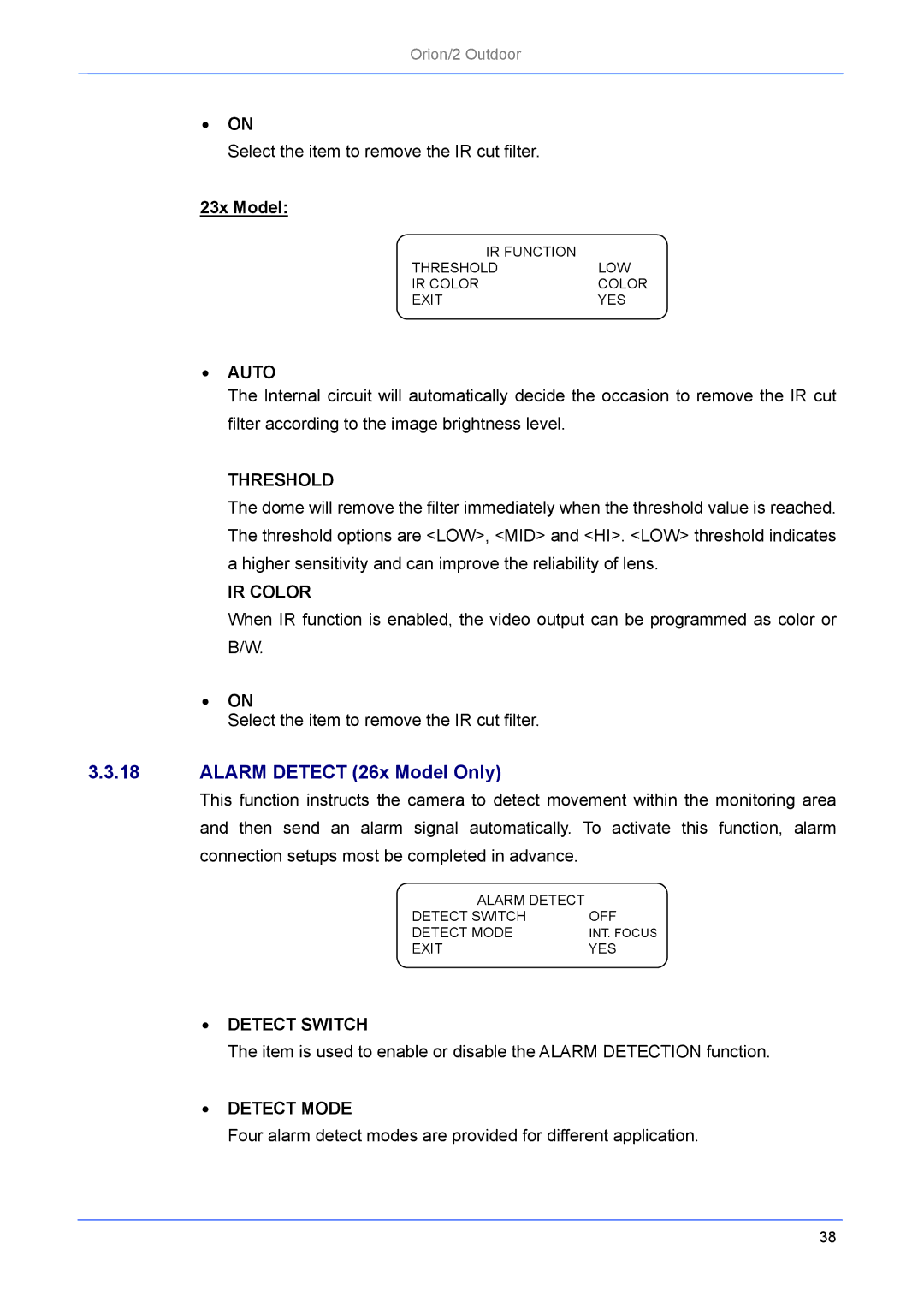 Philips Orion/2 manual Alarm Detect 26x Model Only, Threshold, IR Color, Detect Switch, Detect Mode 