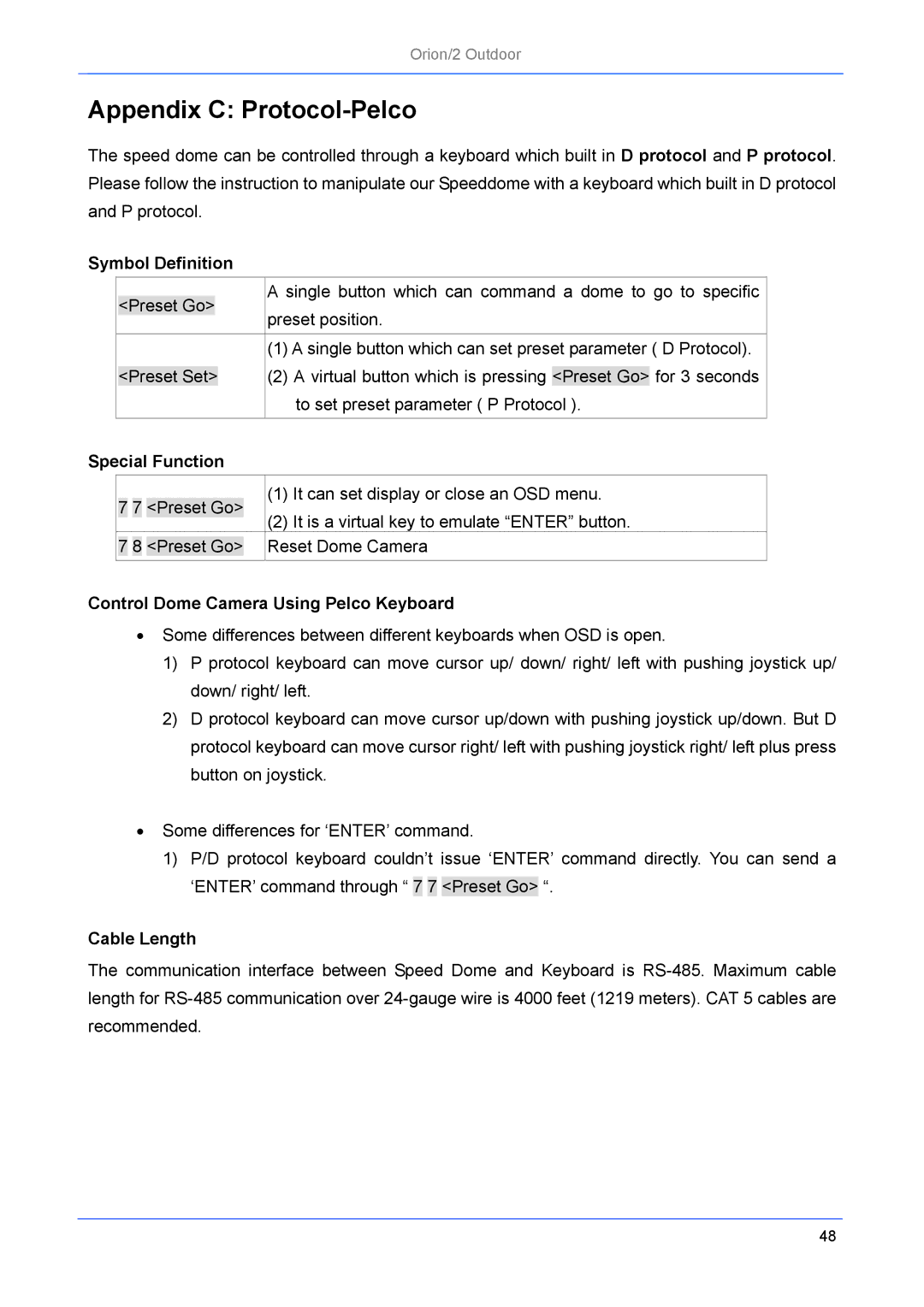 Philips Orion/2 manual Symbol Definition, Special Function, Control Dome Camera Using Pelco Keyboard, Cable Length 