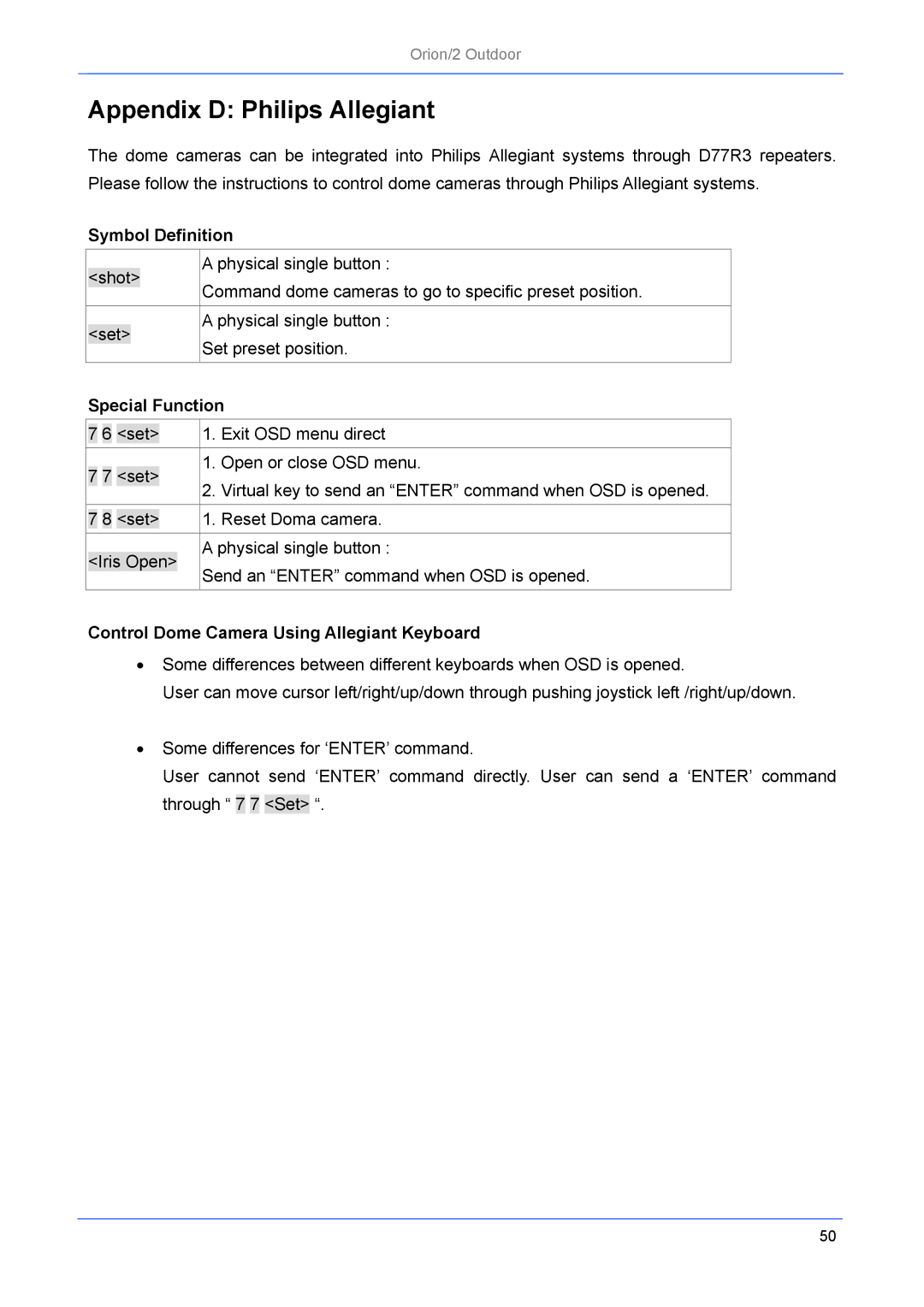 Philips Orion/2 manual Appendix D Philips Allegiant, Control Dome Camera Using Allegiant Keyboard 