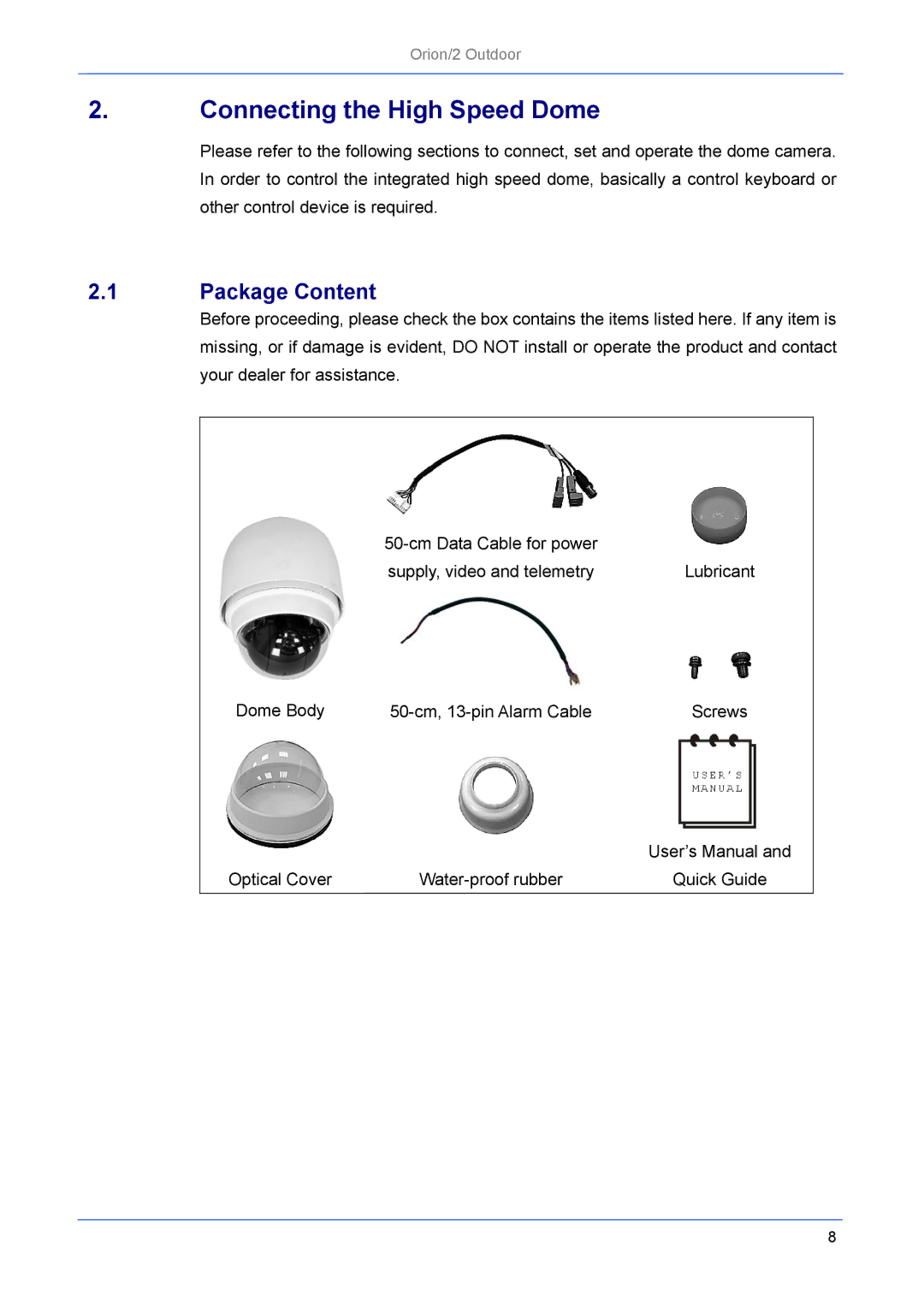 Philips Orion/2 manual Connecting the High Speed Dome, Package Content 