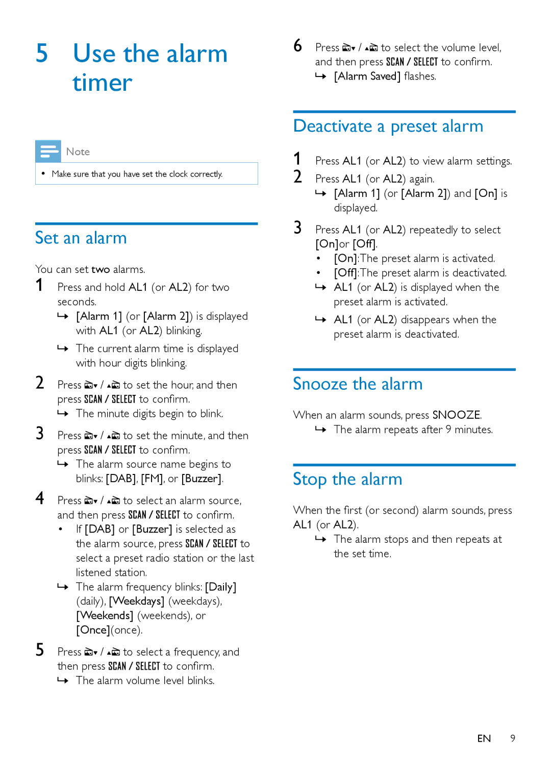 Philips ORT2300 user manual Use the alarm timer, Set an alarm, Deactivate a preset alarm, Snooze the alarm, Stop the alarm 