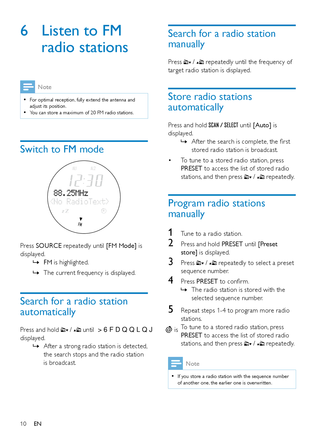 Philips ORT2300 user manual Listen to FM radio stations, Switch to FM mode, Search for a radio station automatically 