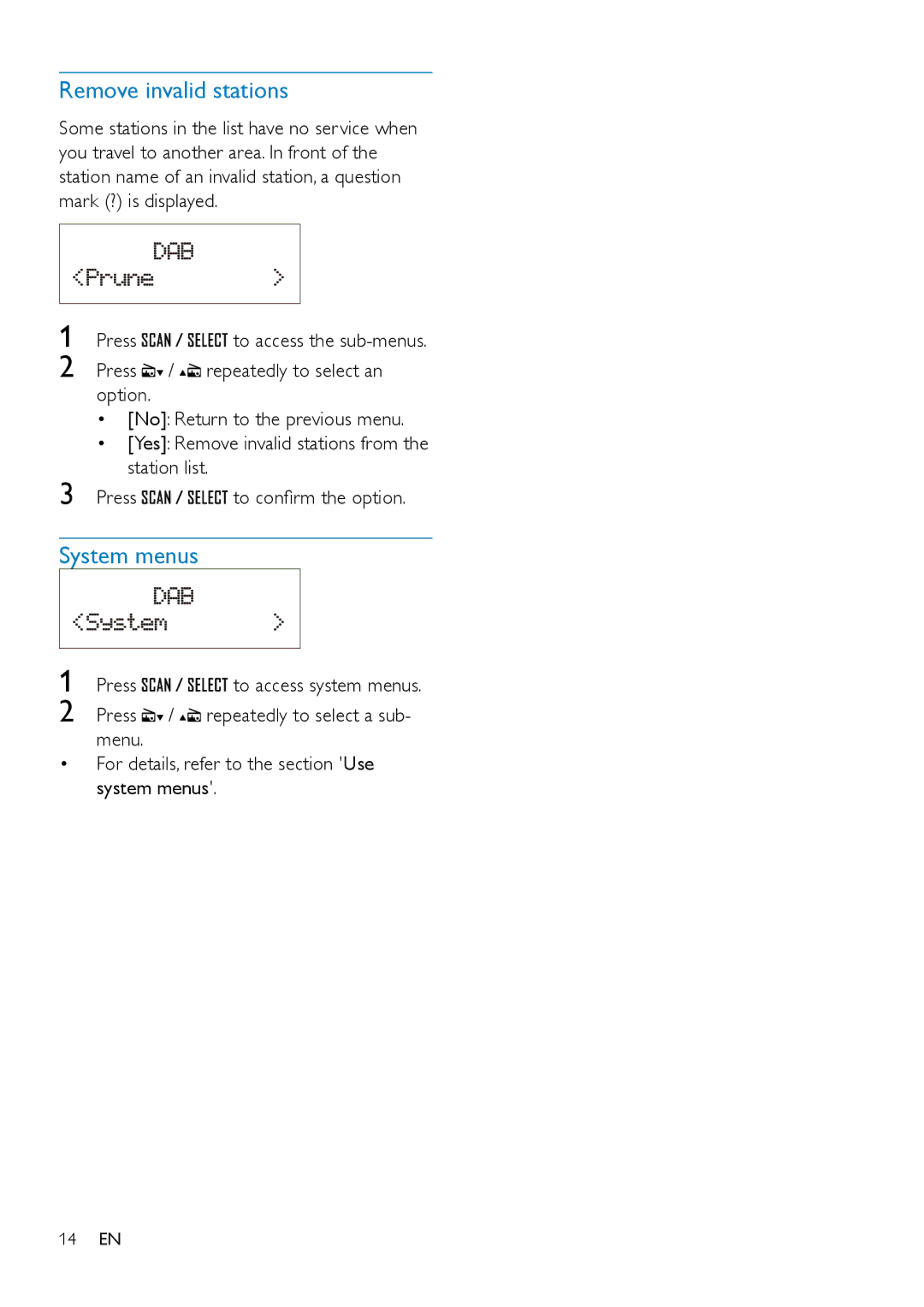 Philips ORT2300 user manual Remove invalid stations, System menus 