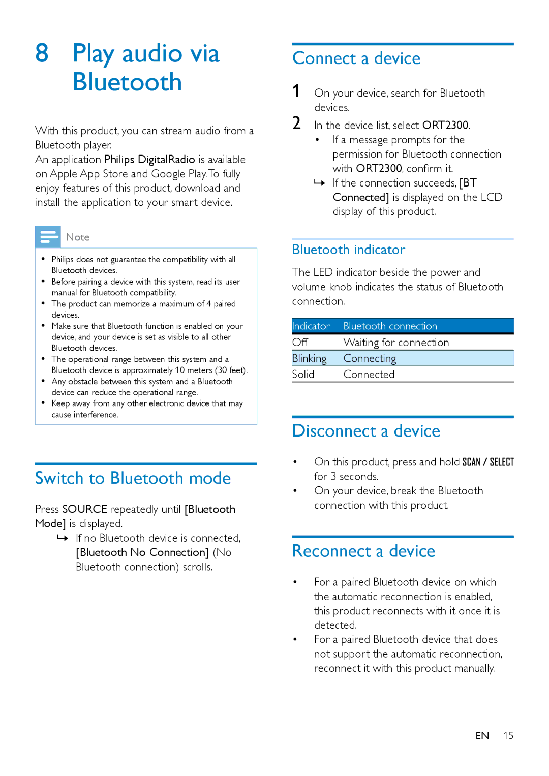 Philips ORT2300 user manual Play audio via Bluetooth, Switch to Bluetooth mode, Connect a device, Disconnect a device 