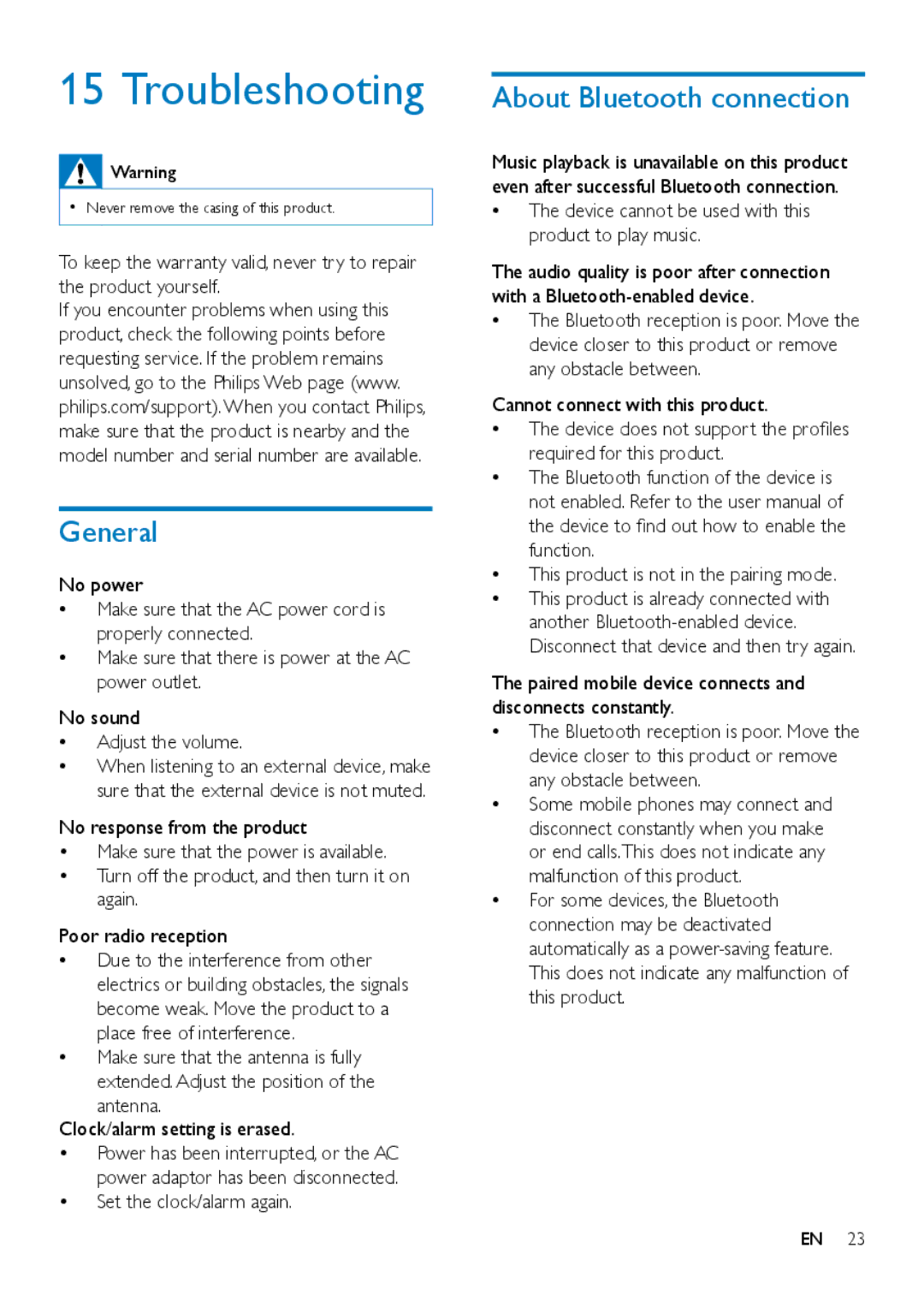 Philips ORT2300 user manual Troubleshooting, General, About Bluetooth connection, Set the clock/alarm again 