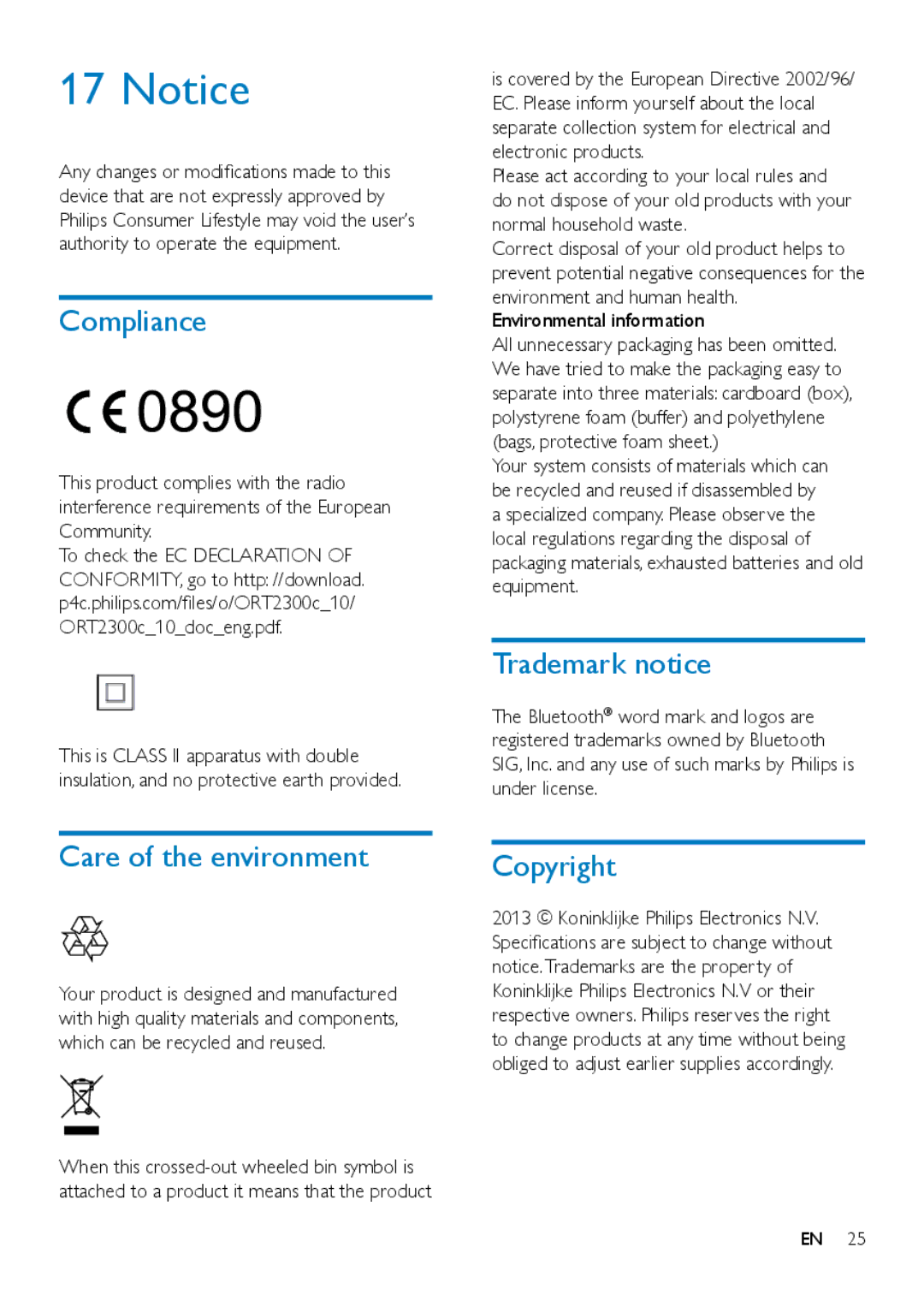 Philips ORT2300 user manual Compliance, Trademark notice, Care of the environment, Copyright, Environmental information 