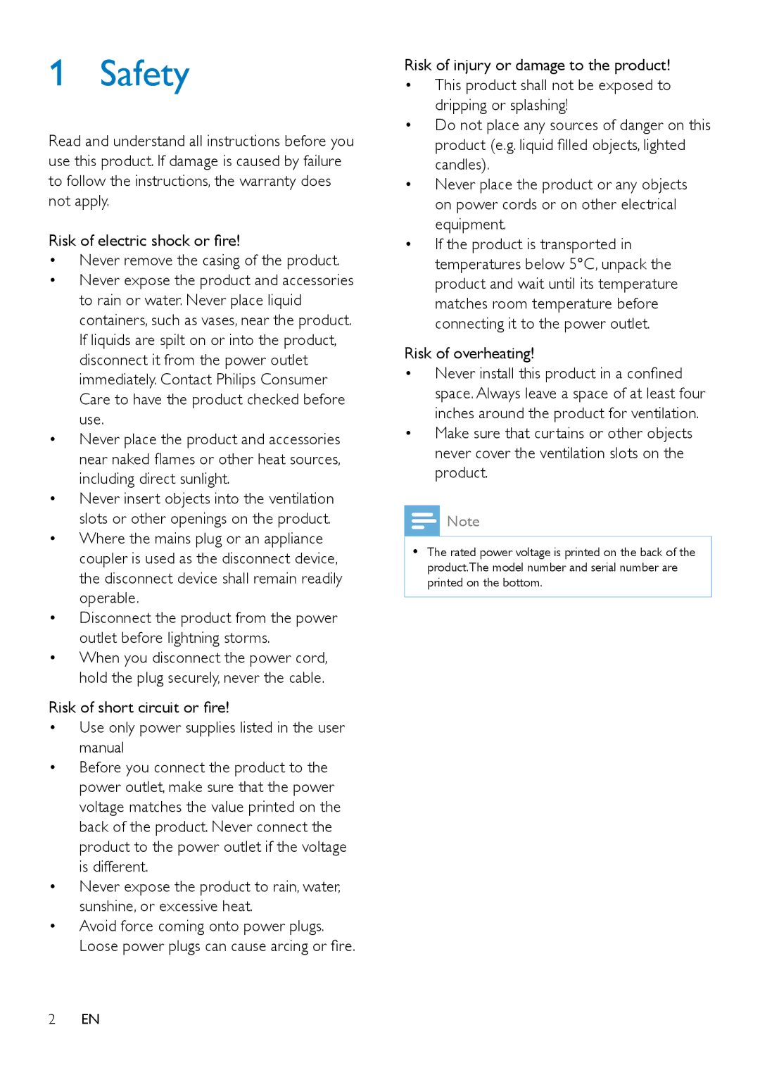 Philips ORT2300 user manual Safety, Risk of overheating 