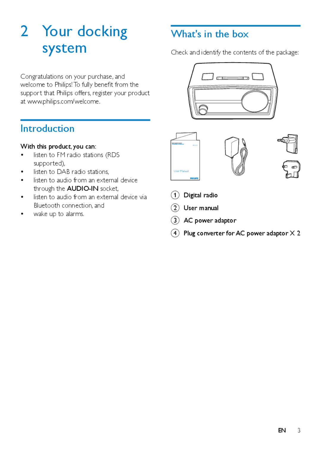 Philips ORT2300 Your docking system, Whats in the box, Introduction, Check and identify the contents of the package 