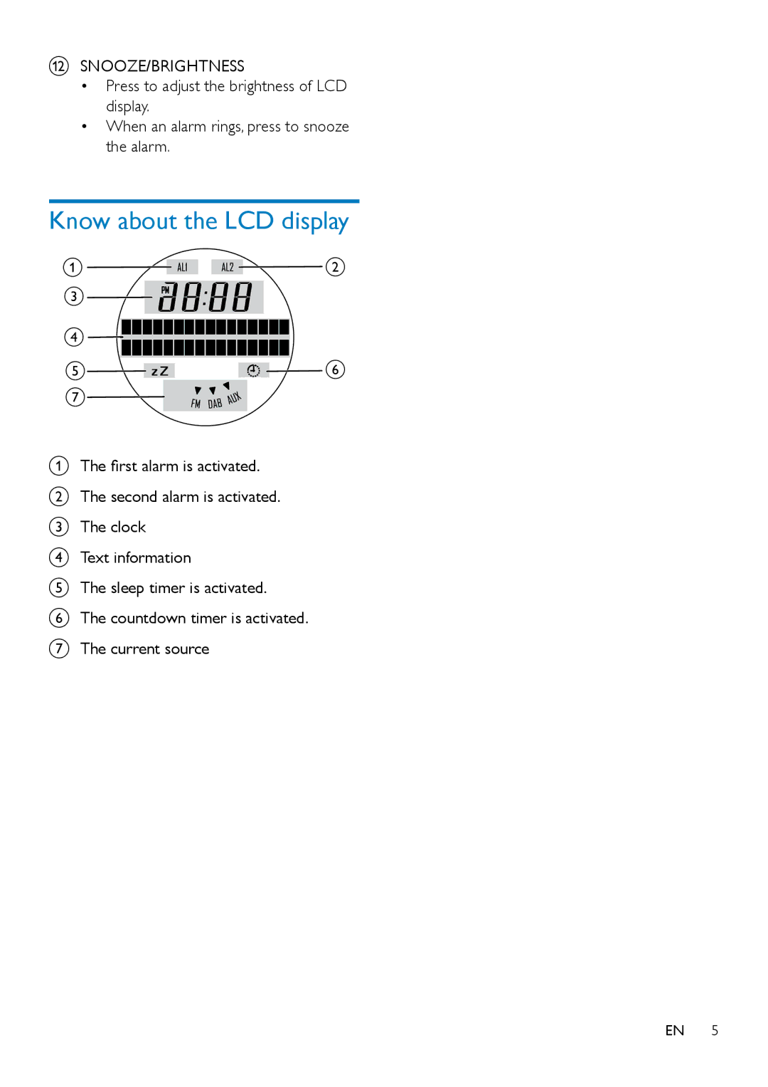 Philips ORT2300 user manual Know about the LCD display, Snooze/Brightness 