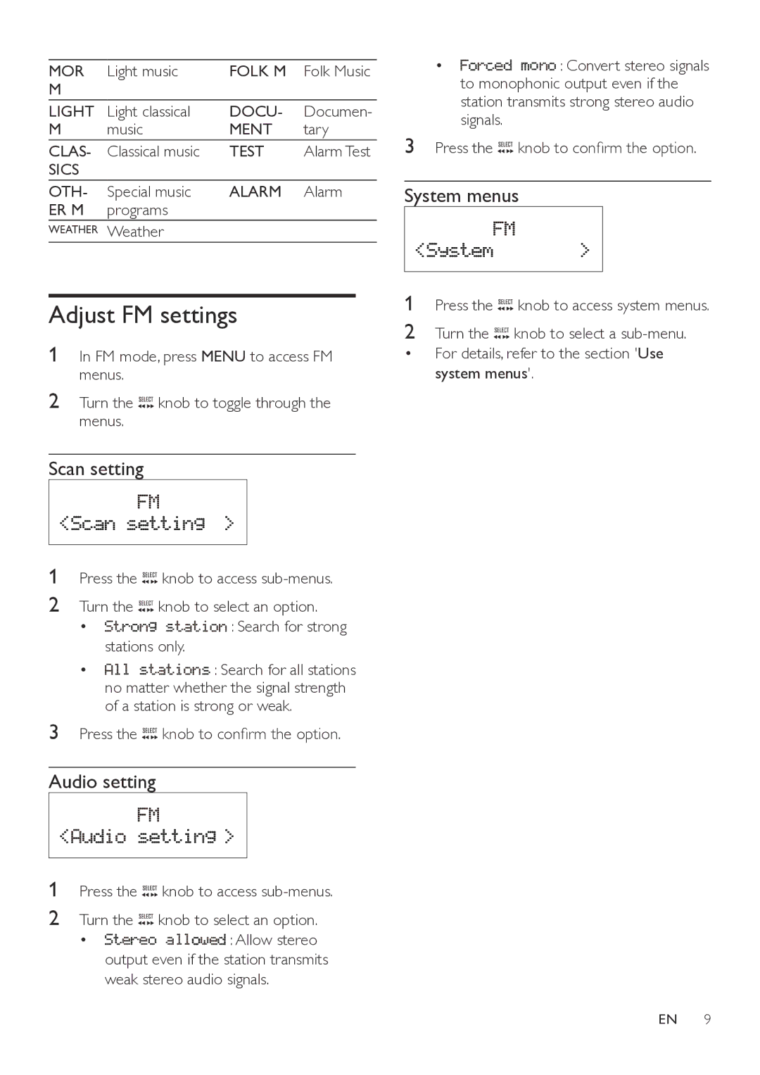 Philips ORT7500 user manual Adjust FM settings, Scan setting, Audio setting, System menus 