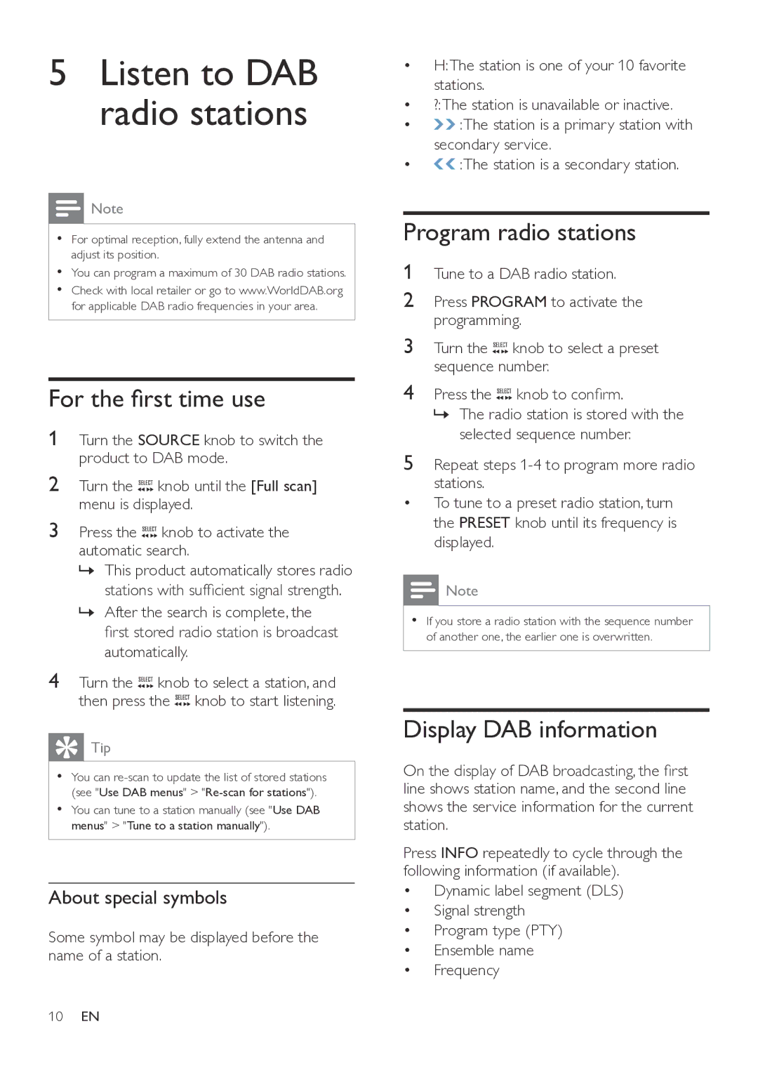Philips ORT7500 Listen to DAB radio stations, For the first time use, Program radio stations, Display DAB information 