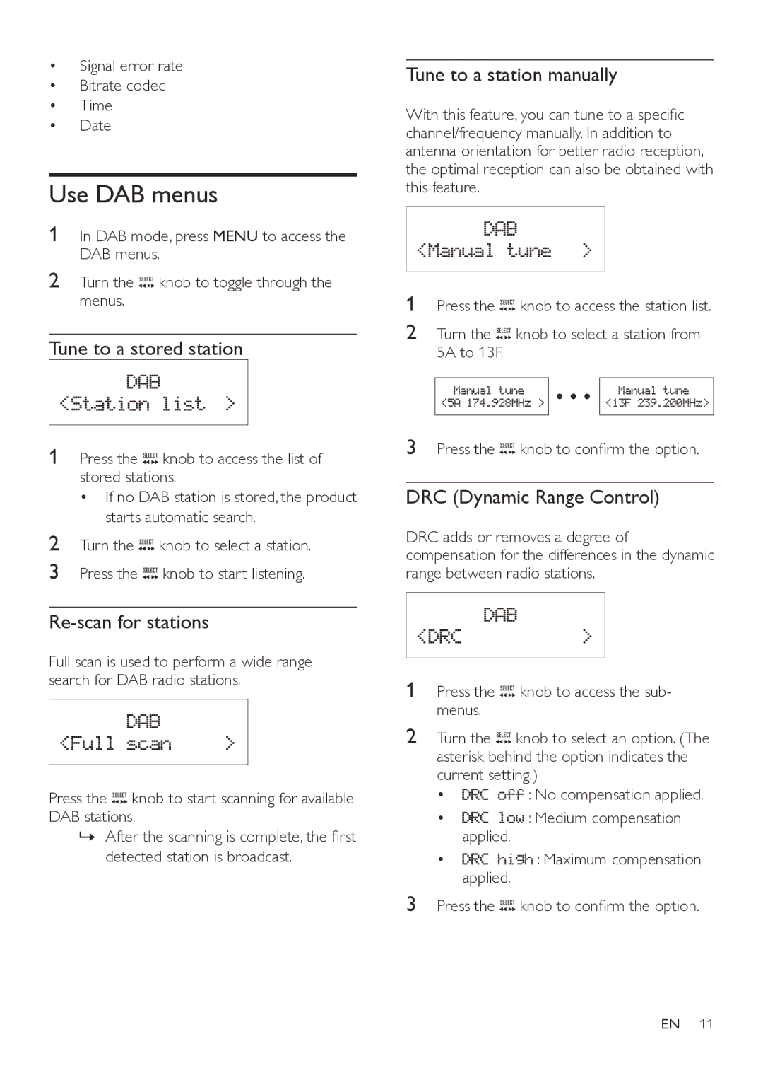 Philips ORT7500 user manual Use DAB menus, Tune to a stored station, Re-scan for stations, Tune to a station manually 