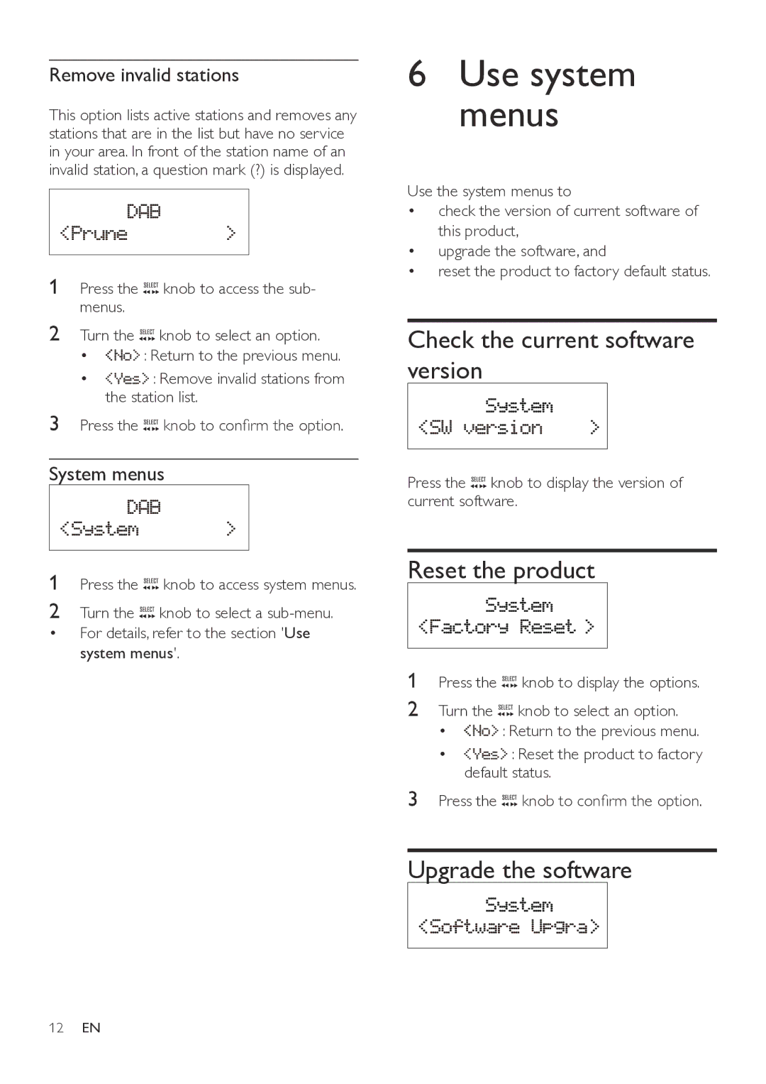 Philips ORT7500 user manual Use system menus, Check the current software version, Reset the product, Upgrade the software 