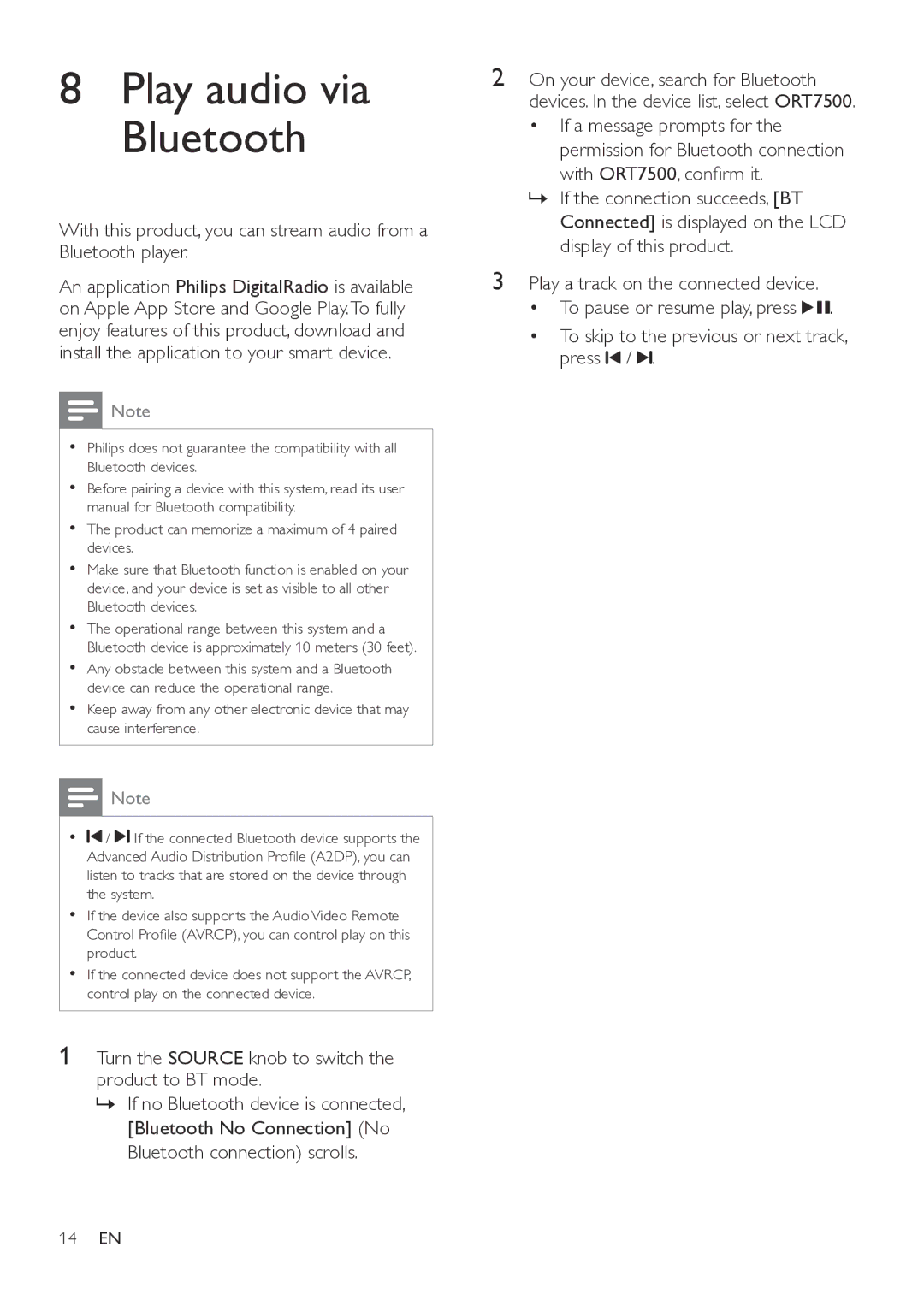 Philips ORT7500 user manual Play audio via Bluetooth, Turn the Source knob to switch the product to BT mode 