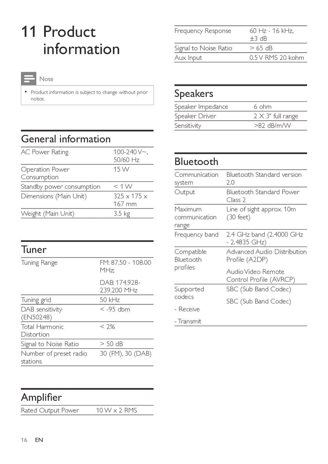 Philips ORT7500 user manual General information, Tuner, Amplifier, Speakers, Bluetooth 