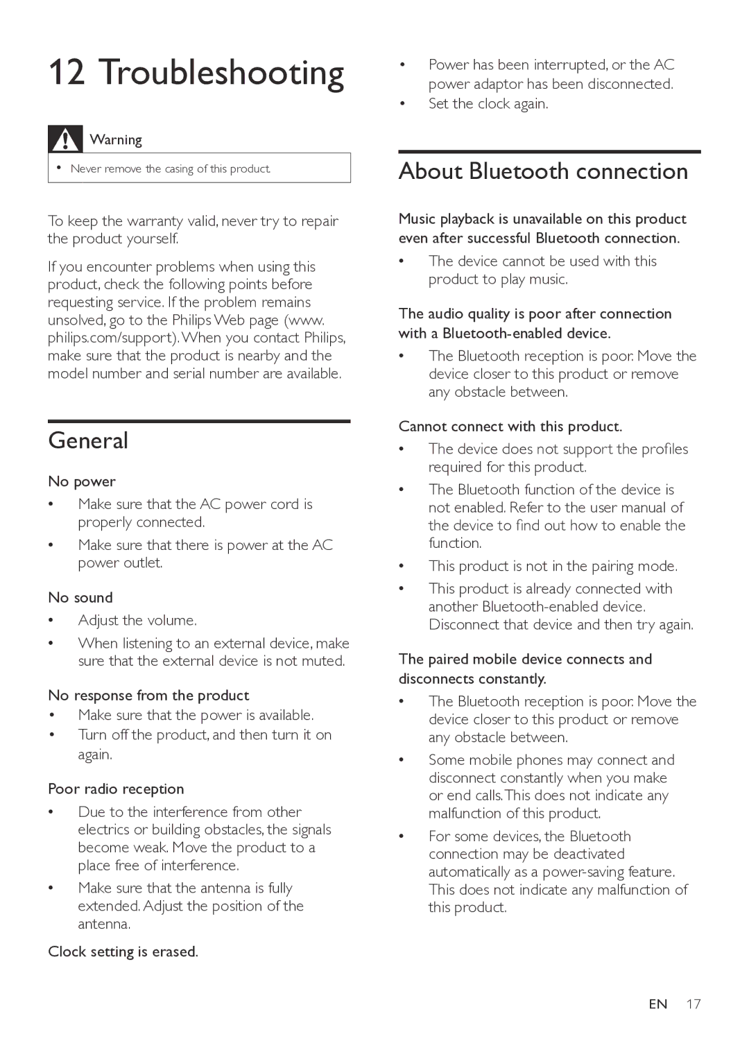 Philips ORT7500 user manual Troubleshooting, General, About Bluetooth connection 