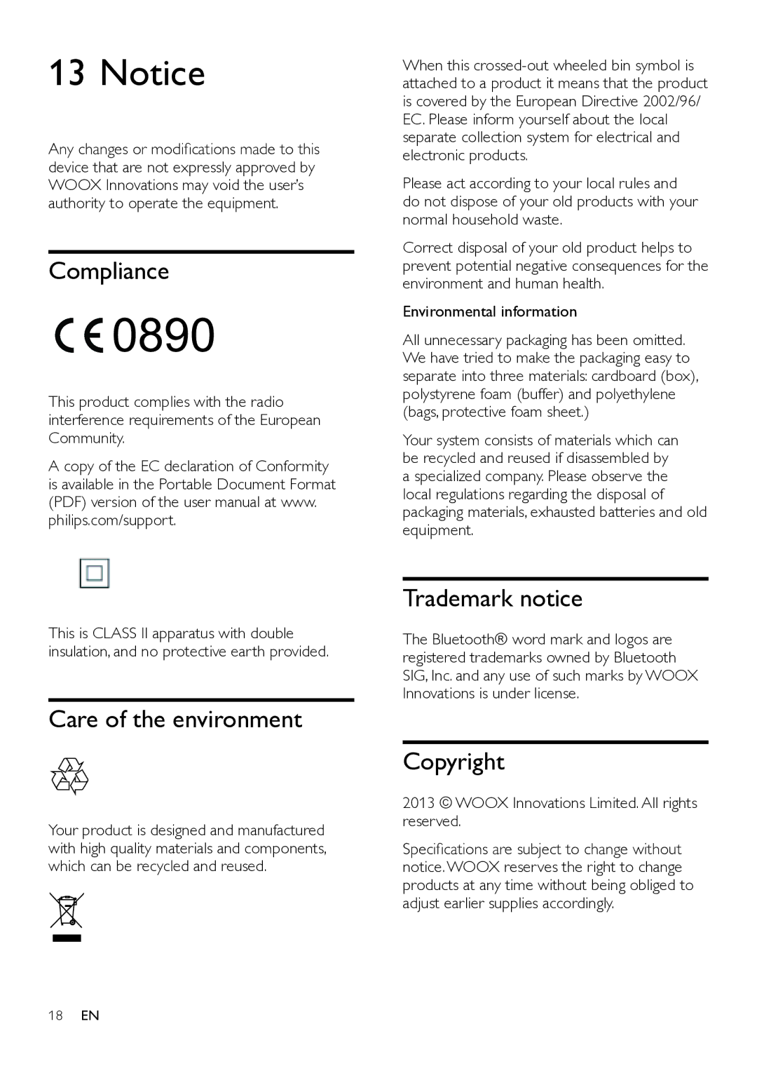 Philips ORT7500 user manual Compliance, Care of the environment, Trademark notice, Copyright 