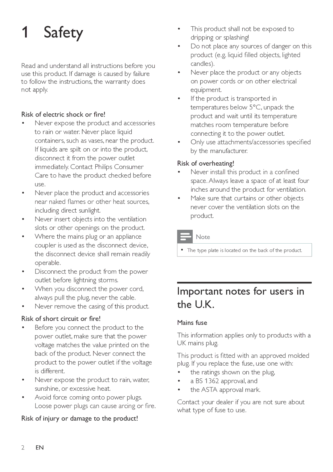 Philips ORT7500 user manual Safety, Important notes for users in the U.K 