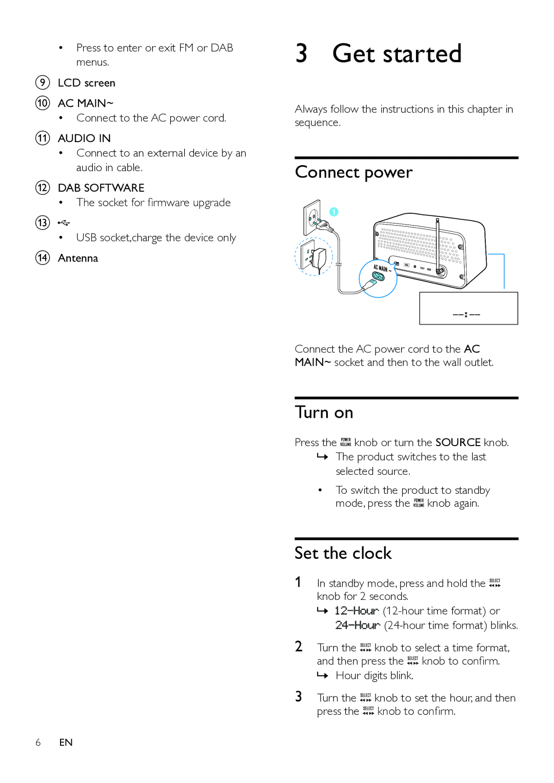 Philips ORT7500 user manual Get started, Connect power, Turn on, Set the clock 