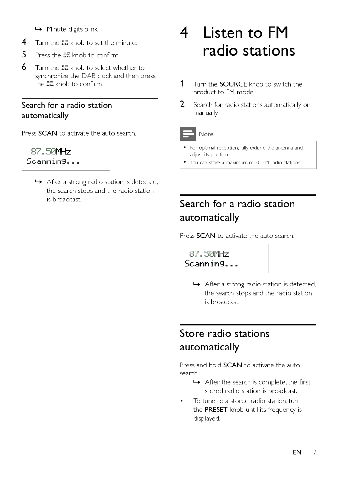 Philips ORT7500 user manual Listen to FM radio stations, Search for a radio station automatically 