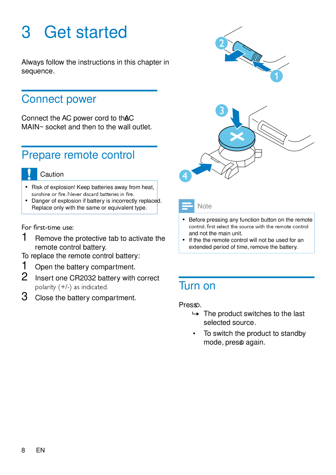 Philips OTT2000 user manual Get started, Connect power, Prepare remote control, Turn on 