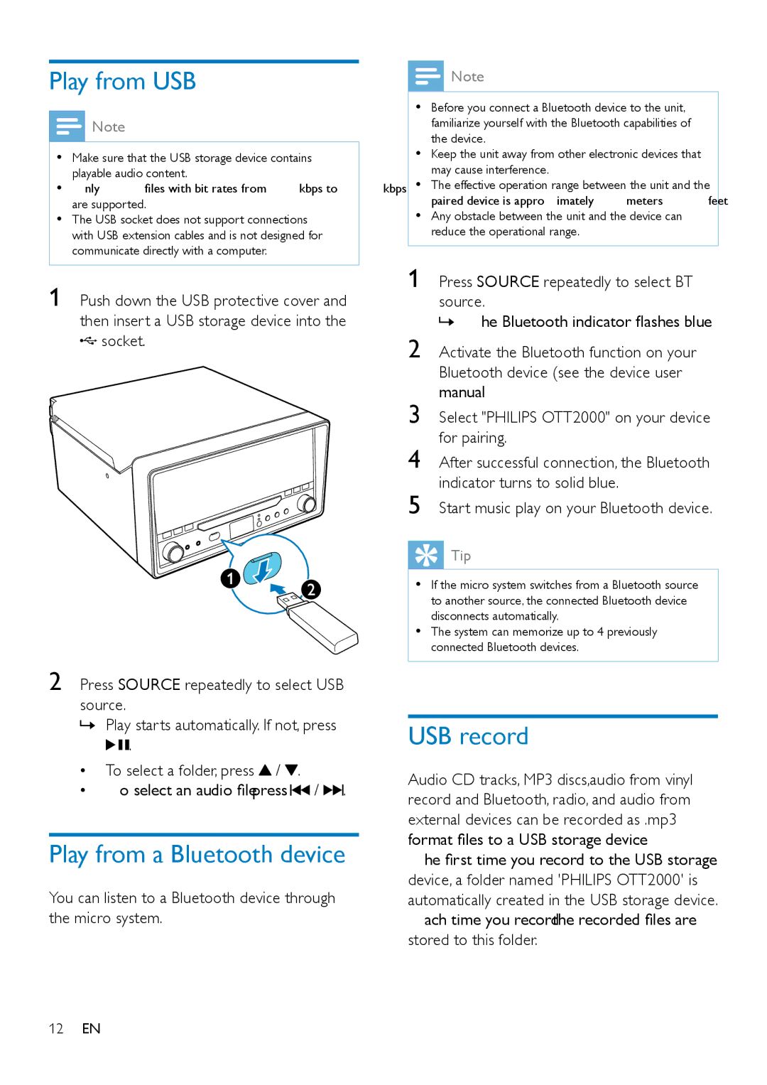 Philips OTT2000 Play from USB, Play from a Bluetooth device, USB record, Start music play on your Bluetooth device 