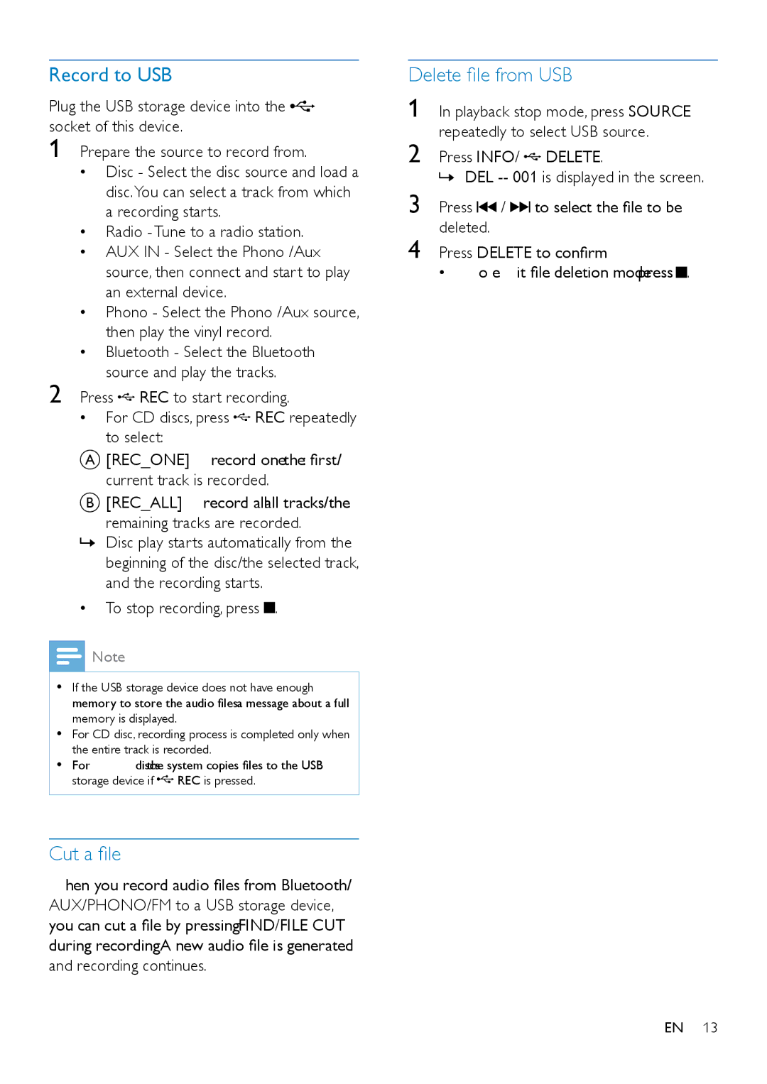 Philips OTT2000 user manual Record to USB, Cut a file, Delete file from USB 