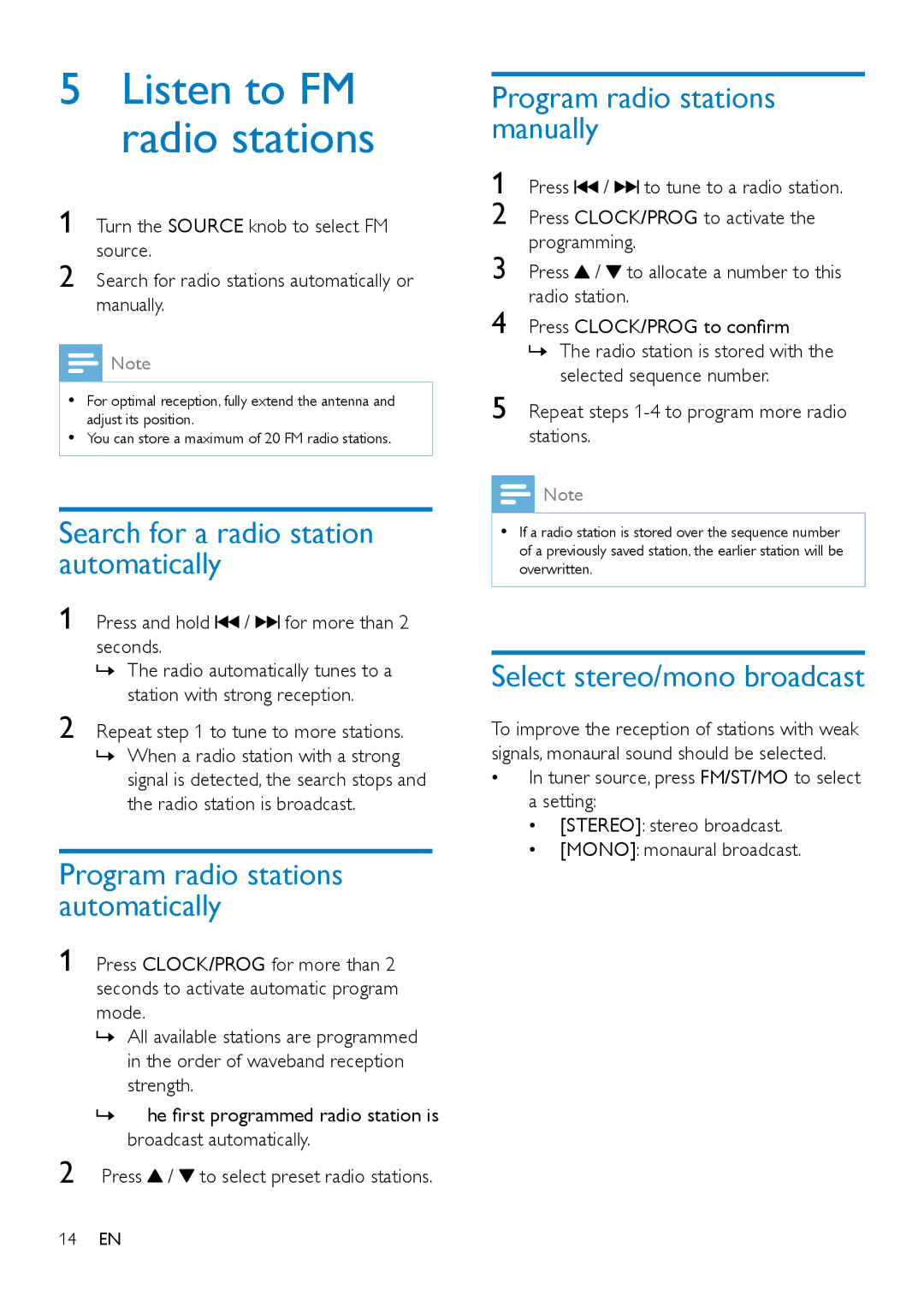 Philips OTT2000 user manual Search for a radio station automatically, Program radio stations automatically 