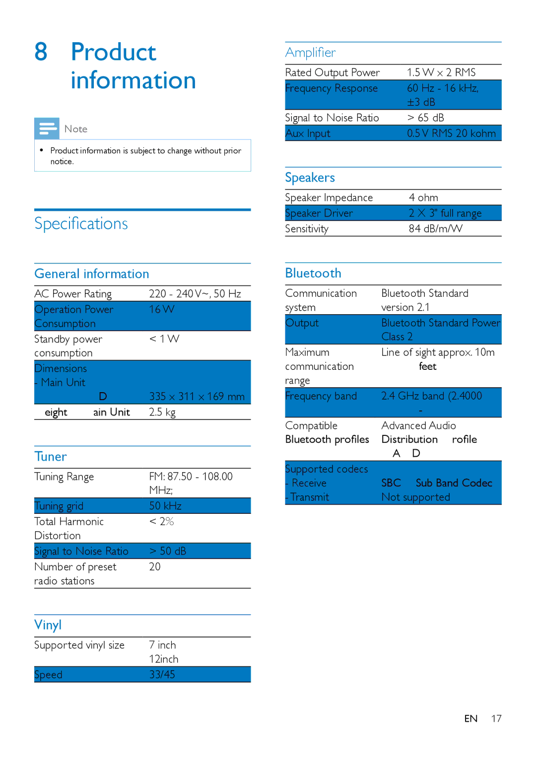 Philips OTT2000 user manual Product information, Specifications 