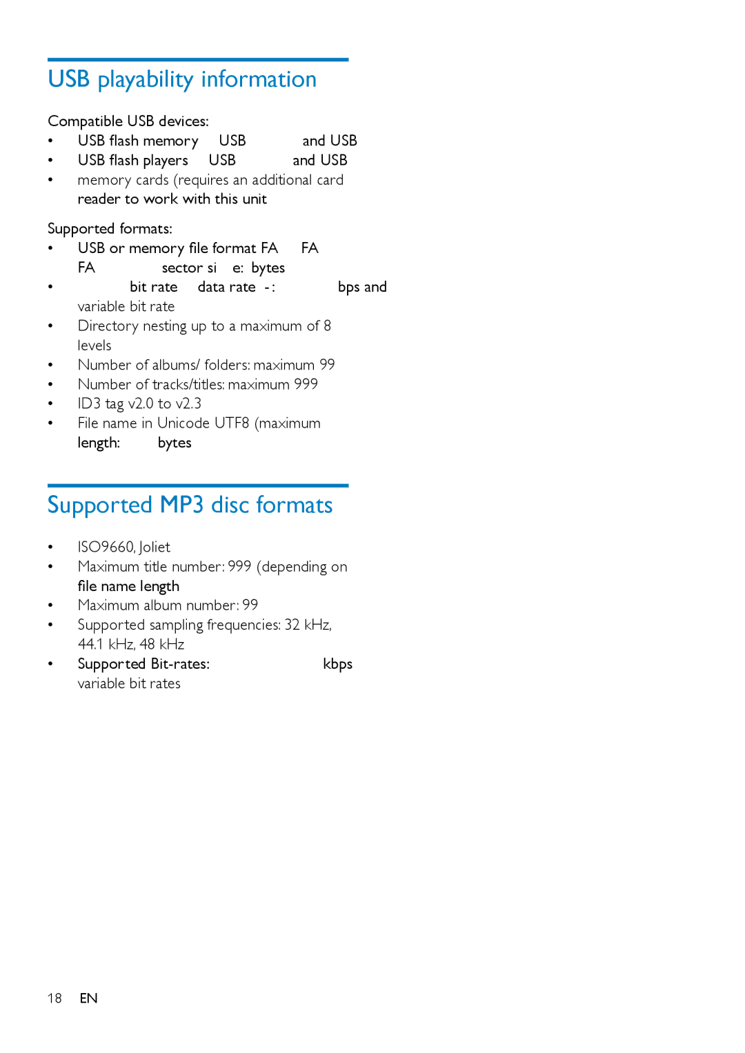 Philips OTT2000 user manual USB playability information, Supported MP3 disc formats 