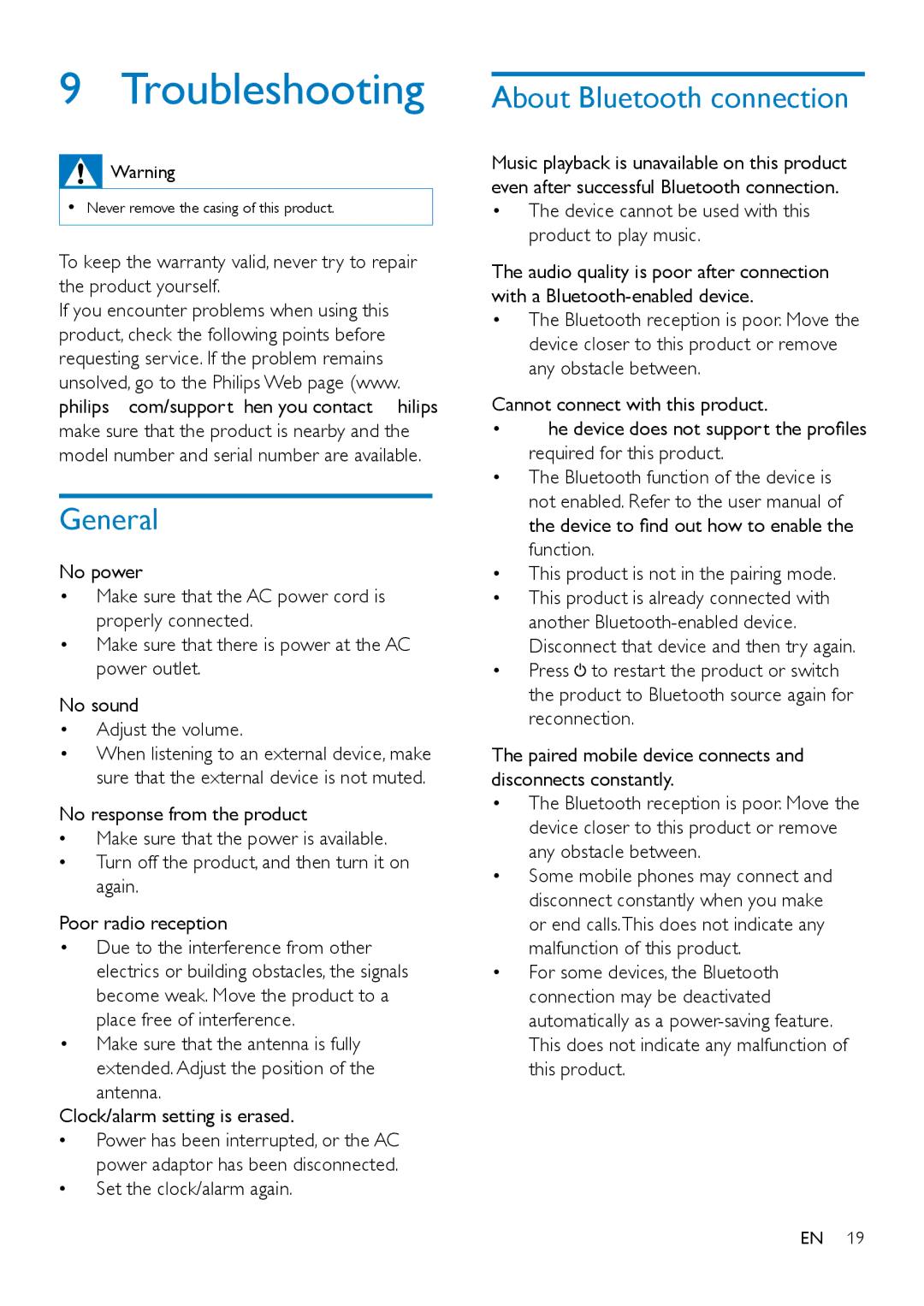 Philips OTT2000 user manual Troubleshooting, General, About Bluetooth connection, Set the clock/alarm again 