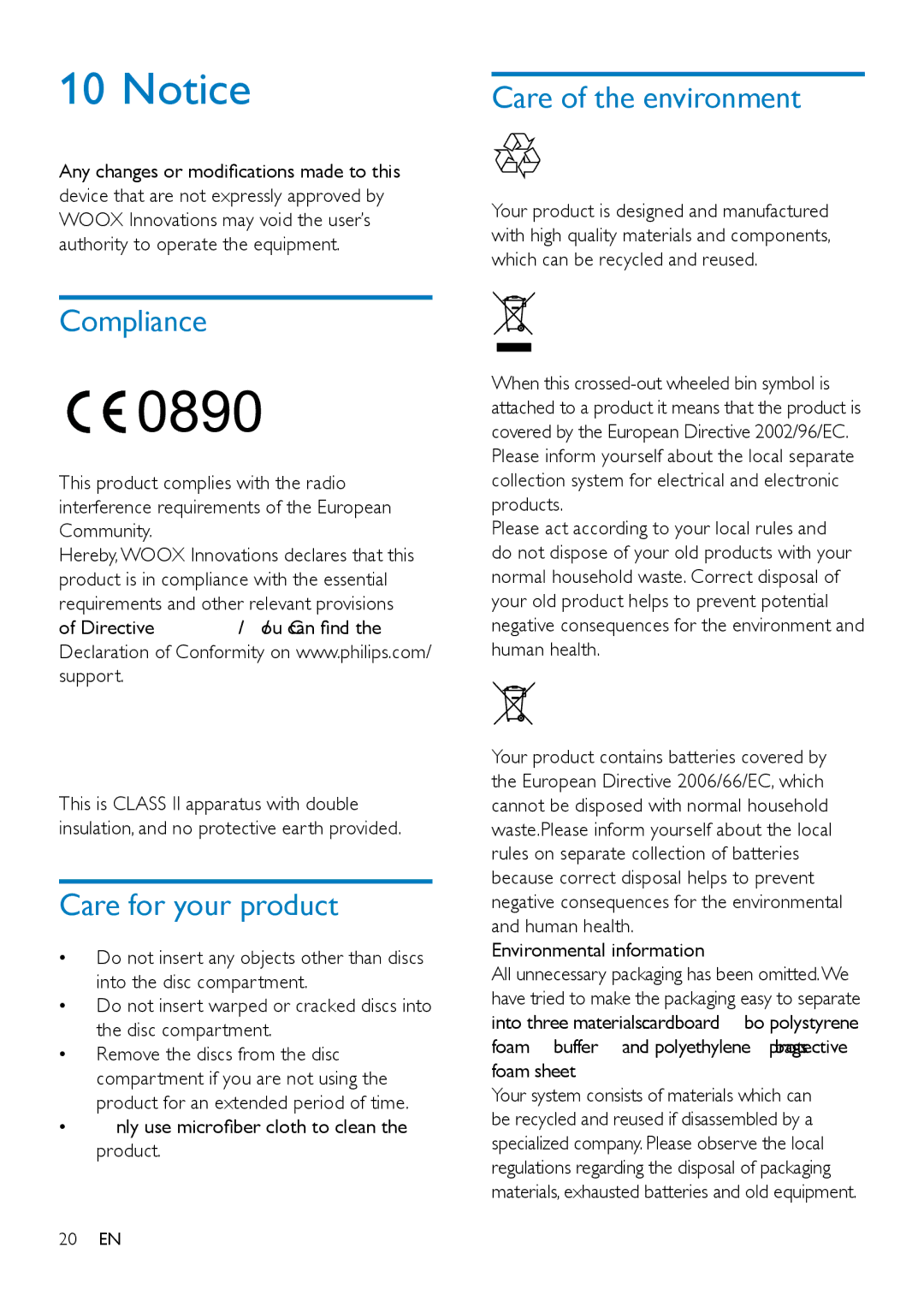 Philips OTT2000 Compliance, Care for your product, Care of the environment, Only use microfiber cloth to clean the product 