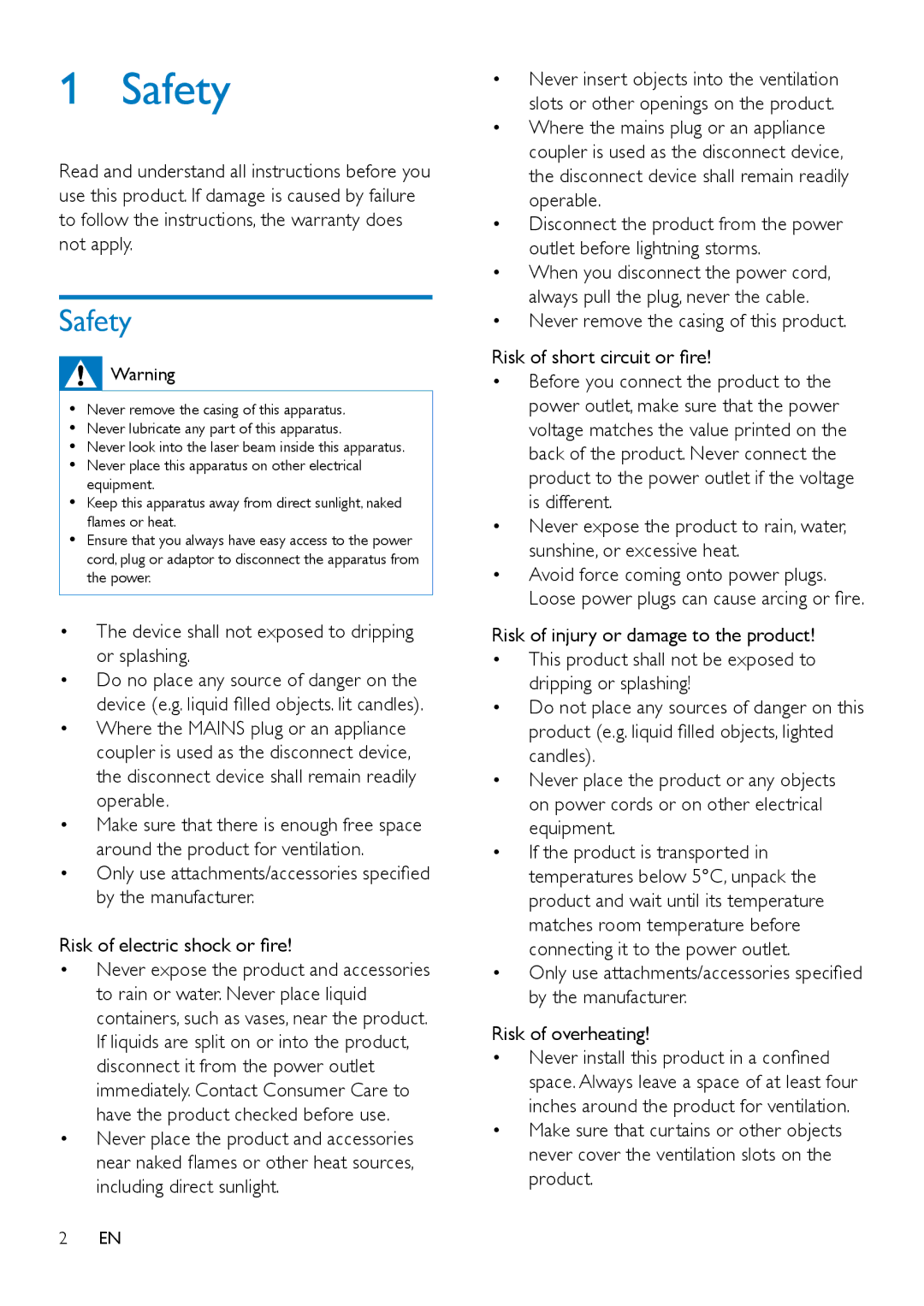 Philips OTT2000 user manual Safety, Device shall not exposed to dripping or splashing 